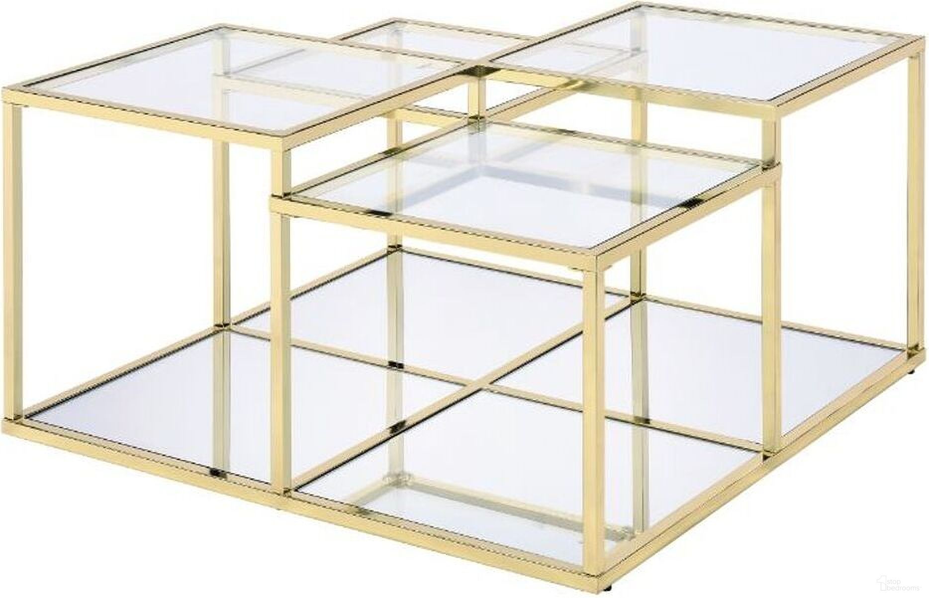 The appearance of Uchenna Coffee Table In Clear Glass And Gold designed by ACME in the modern / contemporary interior design. This gold piece of furniture  was selected by 1StopBedrooms from Uchenna Collection to add a touch of cosiness and style into your home. Sku: 83470. Material: Metal.