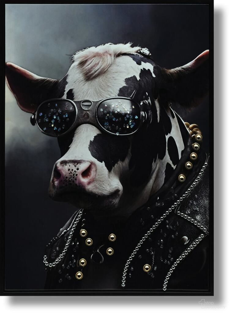 Untamed Rockstar Cow with Crystal Shades Canvas Wall Art In Black and White