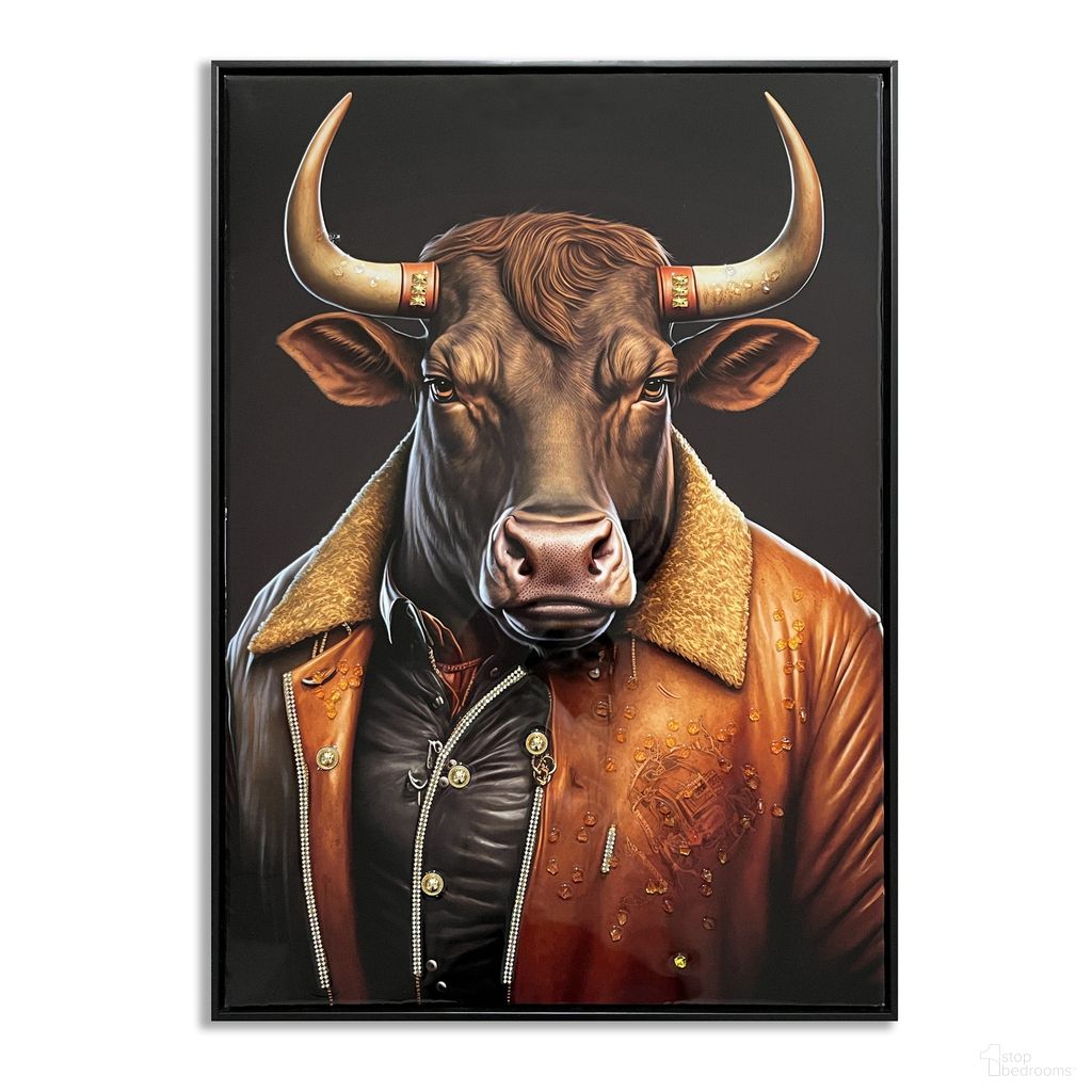 Untamed Stylish Bull Portrait on Leather Canvas Wall Art In Multi