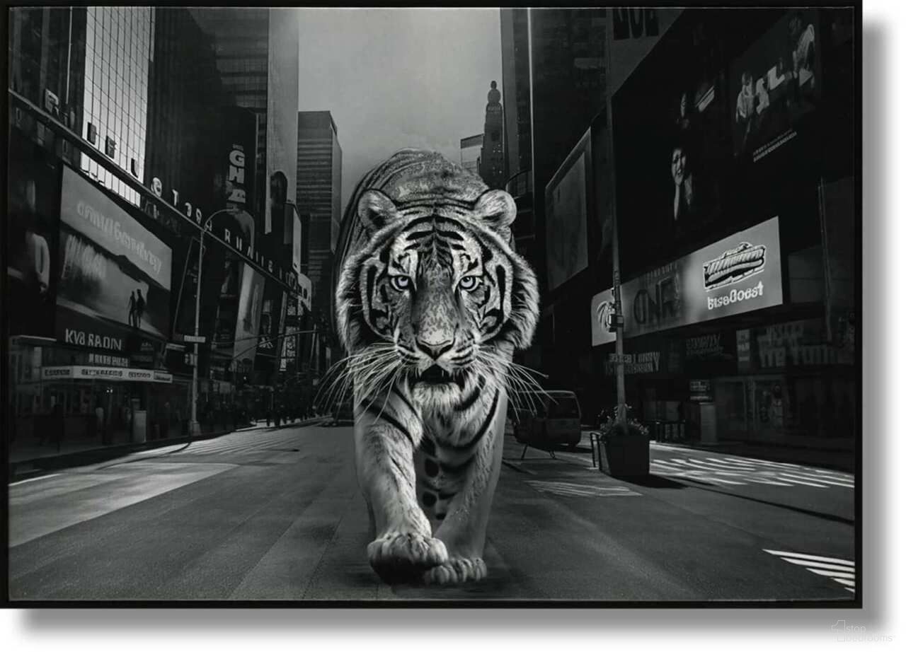 Untamed Urban Jungle Majestic Tiger in Times Square Canvas Wall Art In Multi