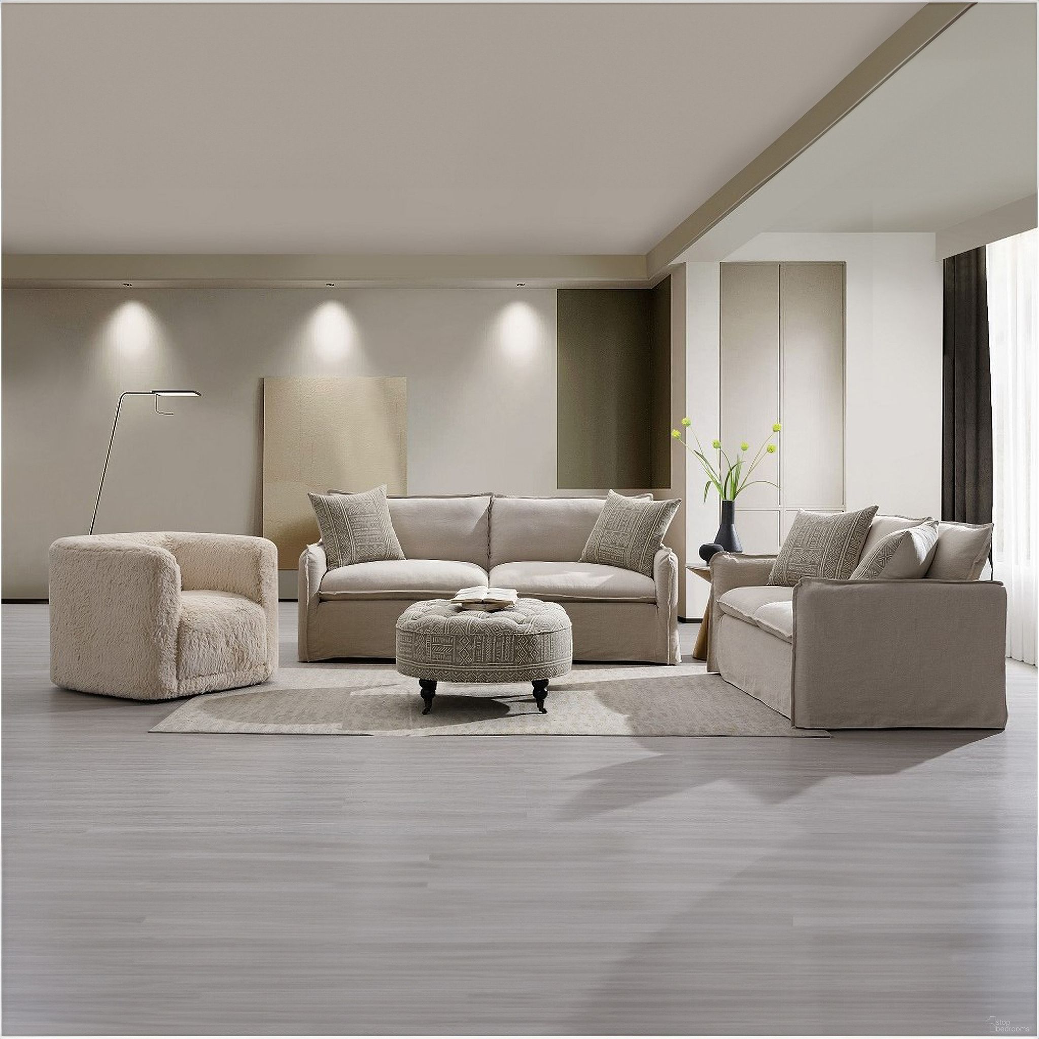 The appearance of Upendo Living Room Set In Beige designed by ACME in the modern / contemporary interior design. This beige piece of furniture  was selected by 1StopBedrooms from Upendo Collection to add a touch of cosiness and style into your home. Sku: LV03080;LV03081. Material: Wood.