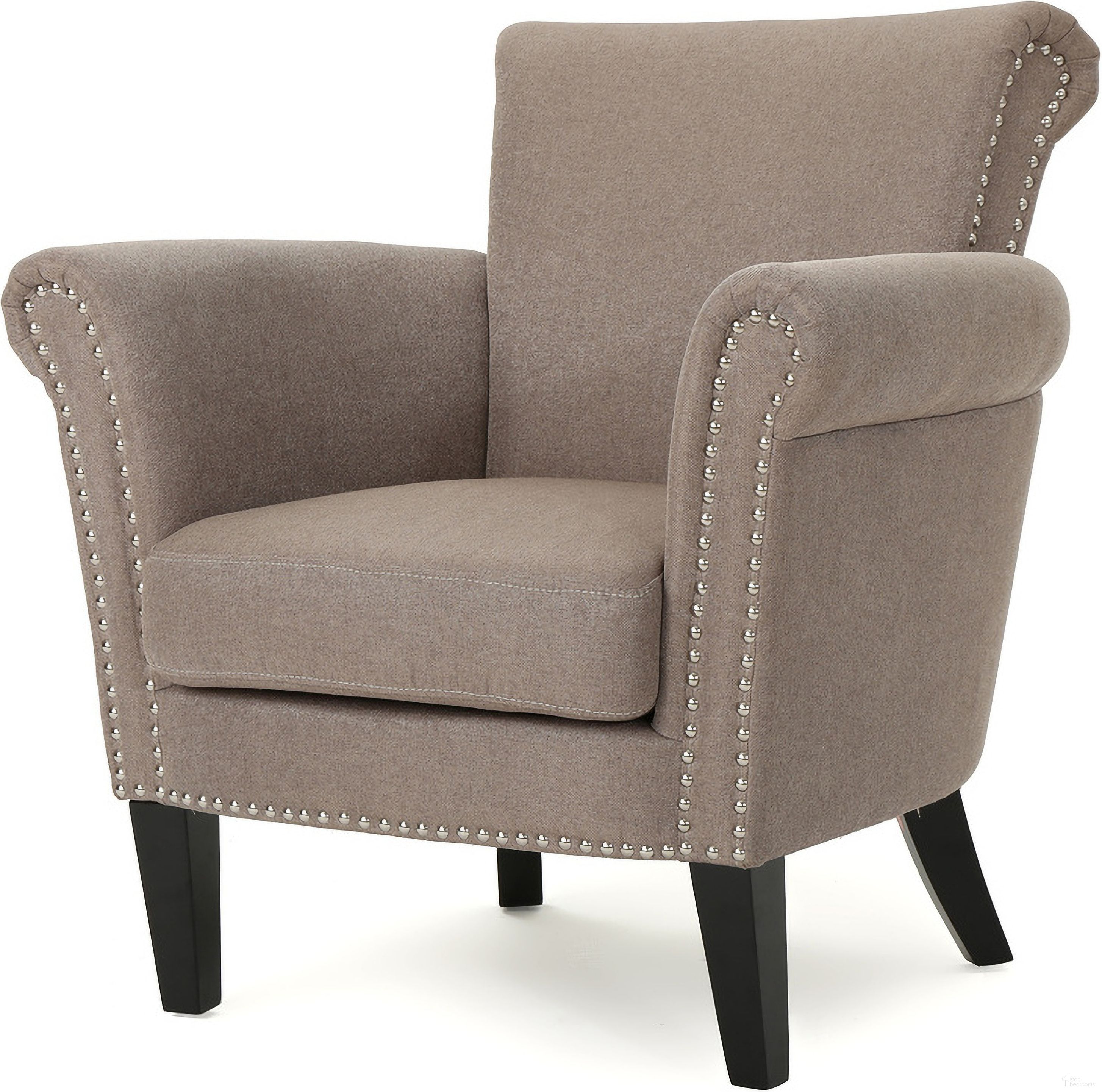 The appearance of Upholstered Club Chair with Curved Design, Nailhead Trim and Rolled Armrests In Light Coffee designed by Noble House in the transitional interior design. This light coffee piece of furniture  was selected by 1StopBedrooms from  to add a touch of cosiness and style into your home. Sku: 60841.00LCOF. Material: Fabric.
