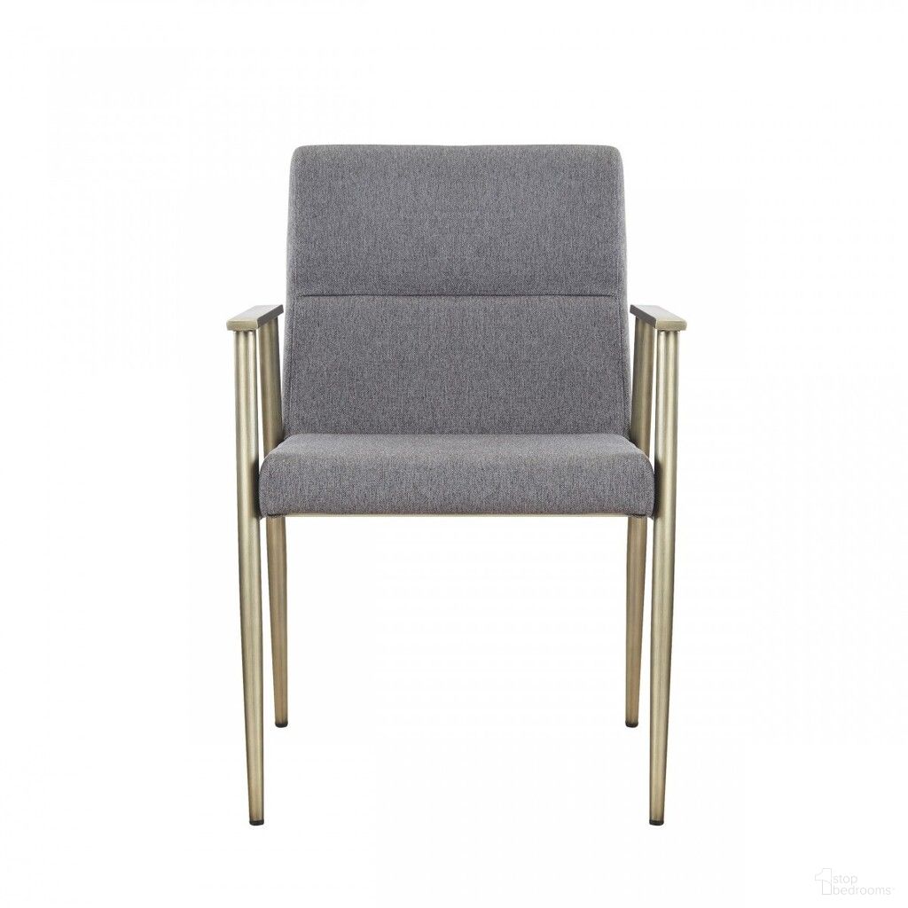 Upholstered Fabric Dining Arm Chair In Gray and Antique Brass