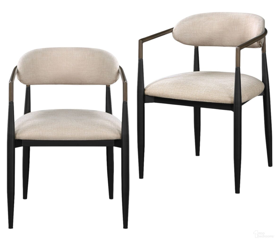 Upholstered Fabric Open Back Dining Arm Chairs Set of 2 In Black and Beige