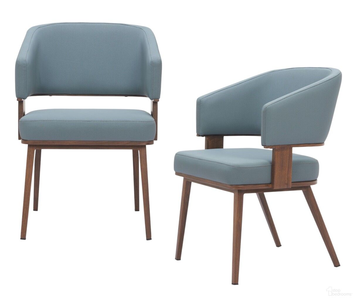 Upholstered Faux Leather Open Back Dining Arm Chairs Set of 2 In Gray and Walnut