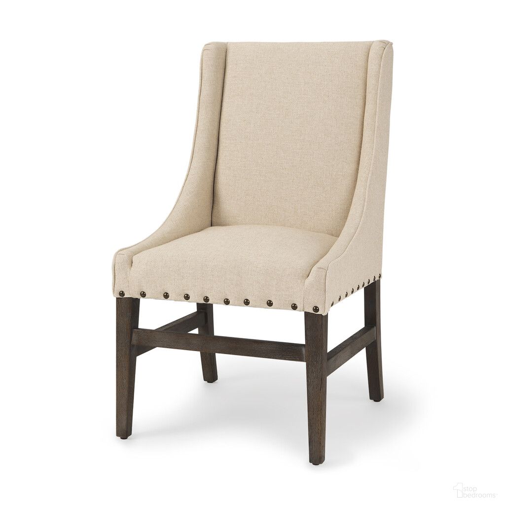 Upholstered Linen and Solid Wood Dining Side Chair In Brown and Cream