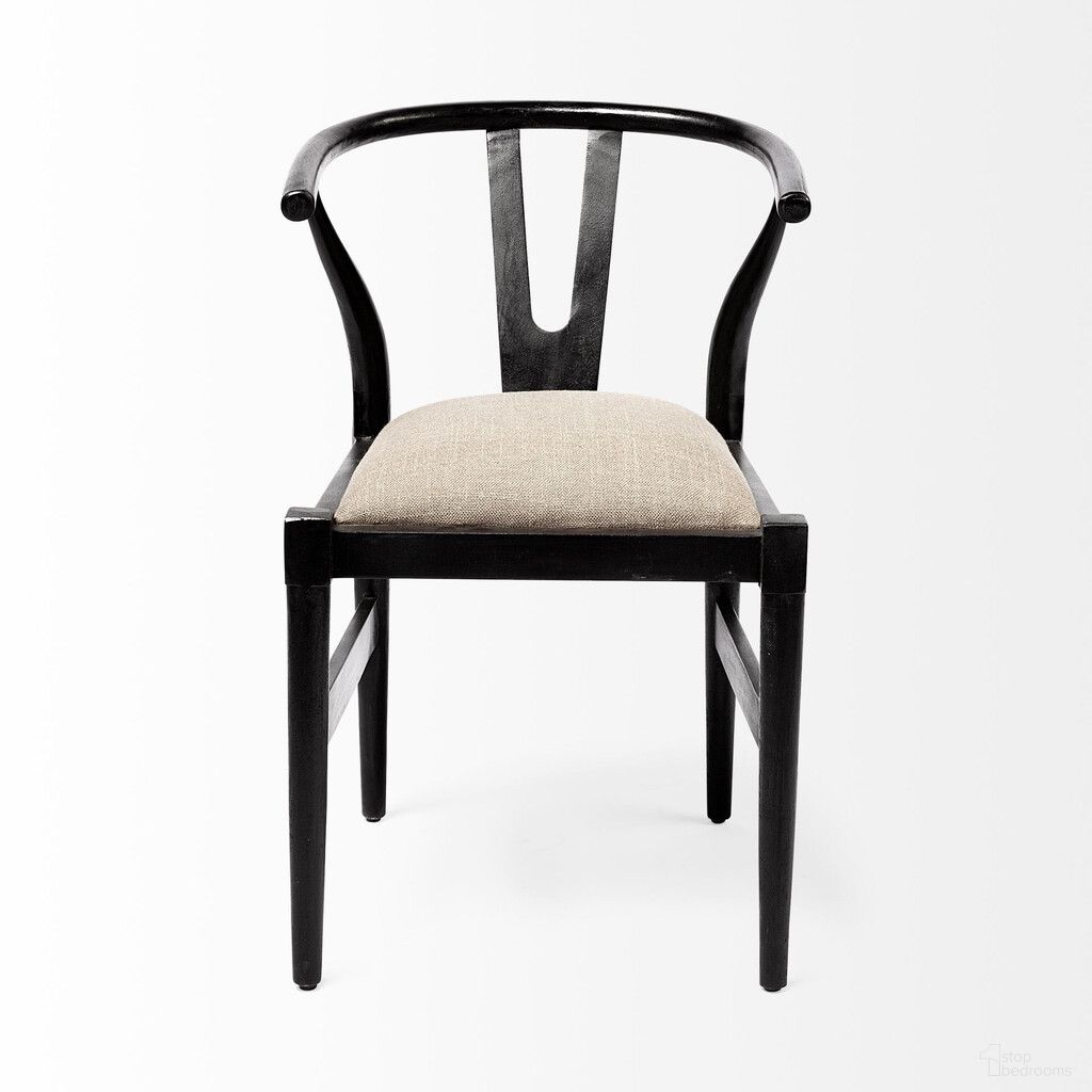 Upholstered Linen Wishbone Back Dining Side Chair In Black and Beige