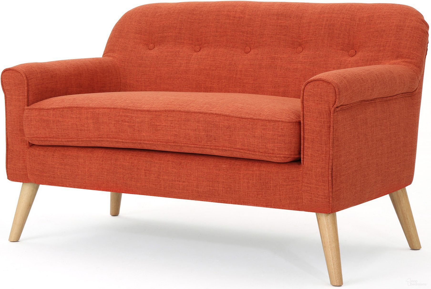 Upholstered Loveseat with Flared Legs and Round Arms In Orange