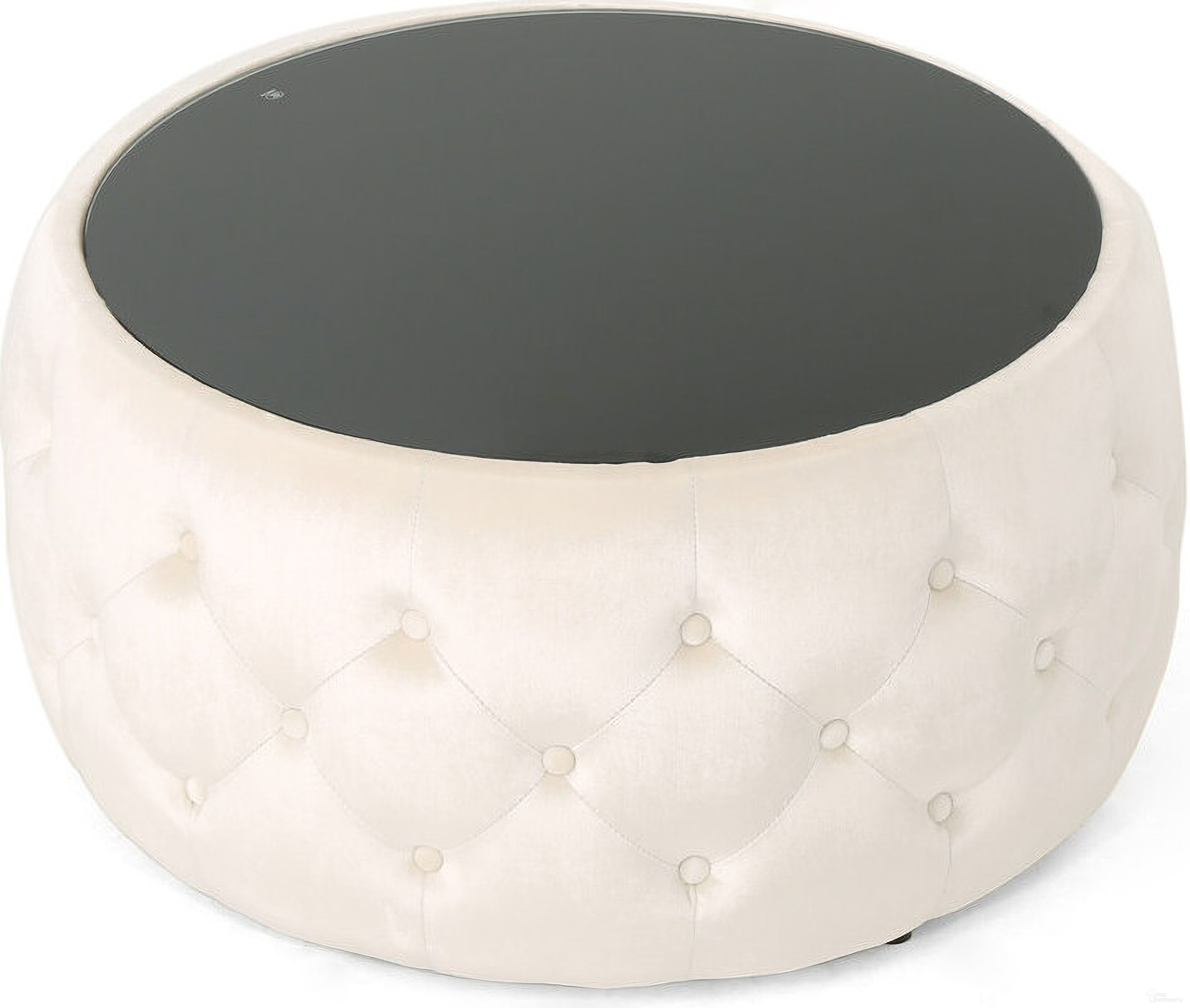 The appearance of Upholstered Ottoman with Button Tufted Diamond Stitch and Tempered Glass Top In Beige designed by Noble House in the modern / contemporary interior design. This beige piece of furniture was selected by 1StopBedrooms from to add a touch of cosiness and style into your home. Sku: 62732.00. Material: Velvet.