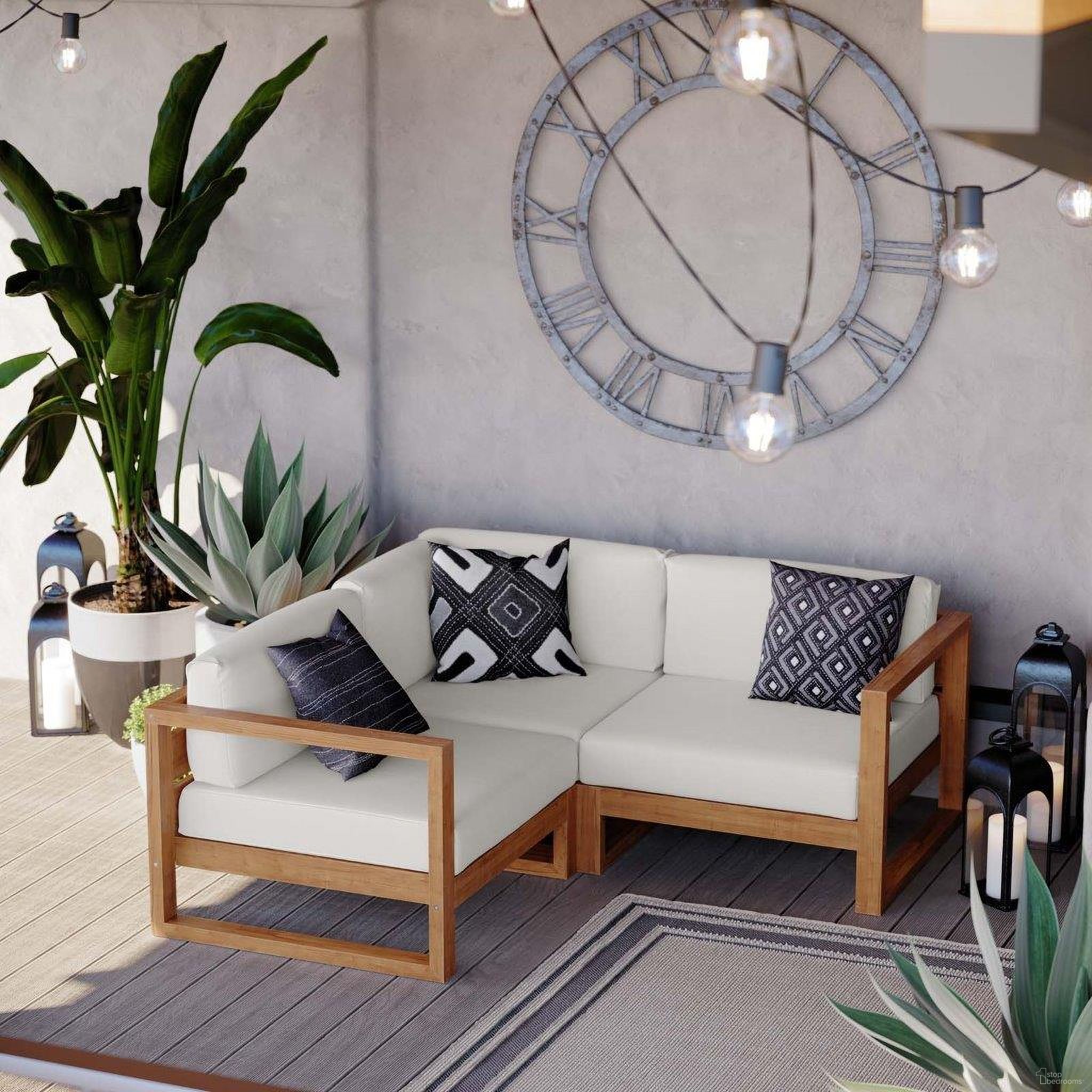 The appearance of Upland Outdoor Patio Teak Wood 3-Piece Sectional Sofa Set In Natural White designed by Modway in the modern / contemporary interior design. This natural white piece of furniture was selected by 1StopBedrooms from Upland Collection to add a touch of cosiness and style into your home. Sku: EEI-4123-NAT-WHI-N;EEI-4124-NAT-WHI-N;EEI-4126-NAT-WHI-N. Material: Teak Wood.