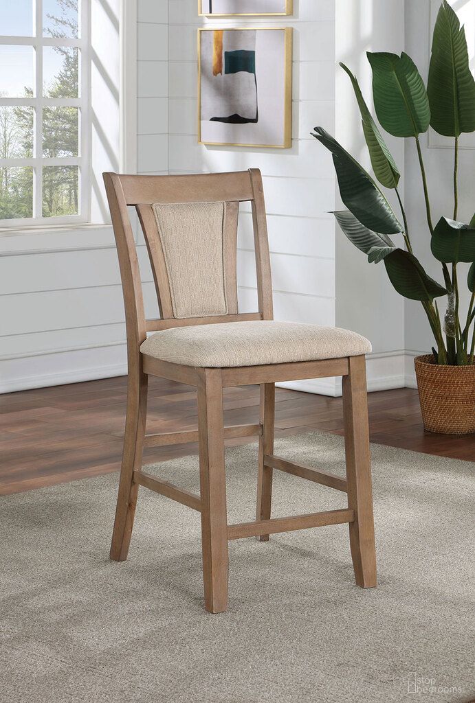 The appearance of Upminster Counter Height Chair Set of 2 In Natural and Beige designed by Furniture of America in the transitional interior design. This natural and beige piece of furniture was selected by 1StopBedrooms from Upminster Collection to add a touch of cosiness and style into your home. Sku: CM3984NT-PC-2PK. Material: Wood.