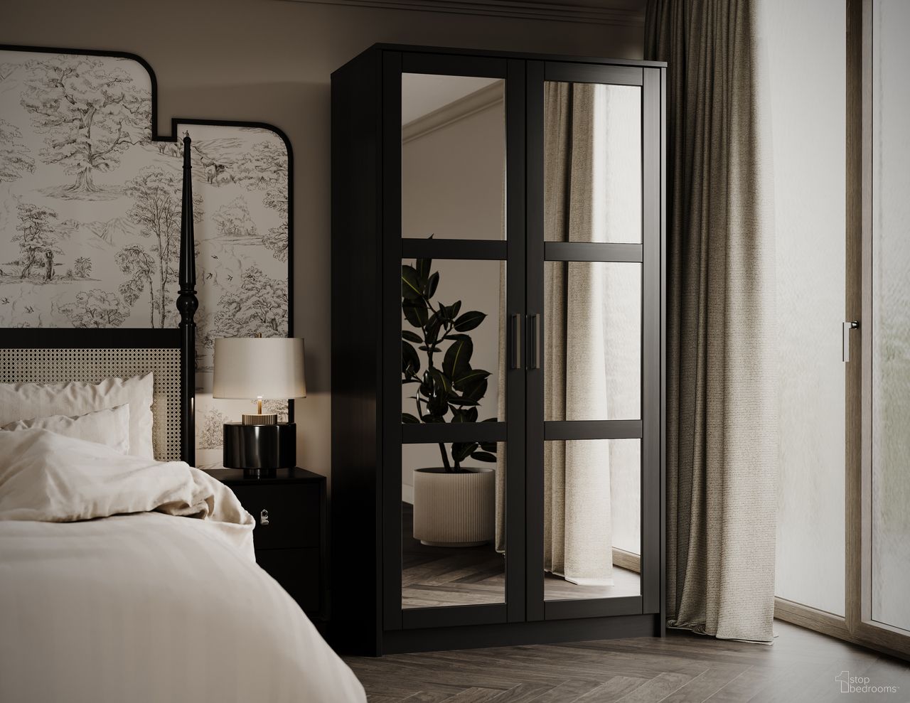 The appearance of Urban 2-Door Wardrobe Armoire with Mirrored Doors In Black designed by Palace Imports in the modern / contemporary interior design. This black piece of furniture  was selected by 1StopBedrooms from Urban Collection to add a touch of cosiness and style into your home. Sku: 7127M. Material: Solid Pine Wood.