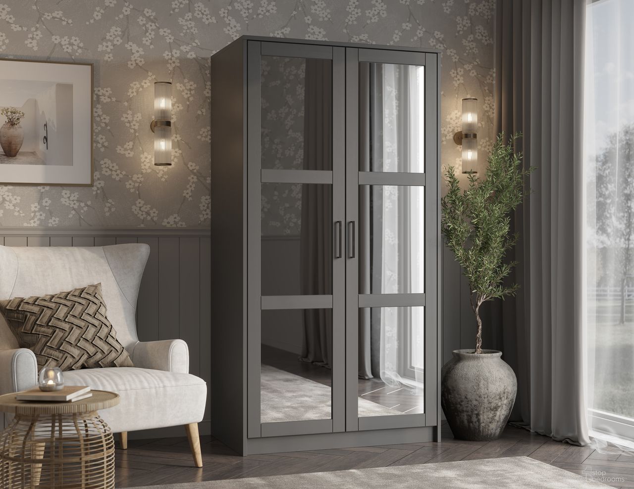 The appearance of Urban 2-Door Wardrobe Armoire with Mirrored Doors In Gray designed by Palace Imports in the modern / contemporary interior design. This gray piece of furniture was selected by 1StopBedrooms from Urban Collection to add a touch of cosiness and style into your home. Sku: 7125M. Material: Solid Pine Wood.