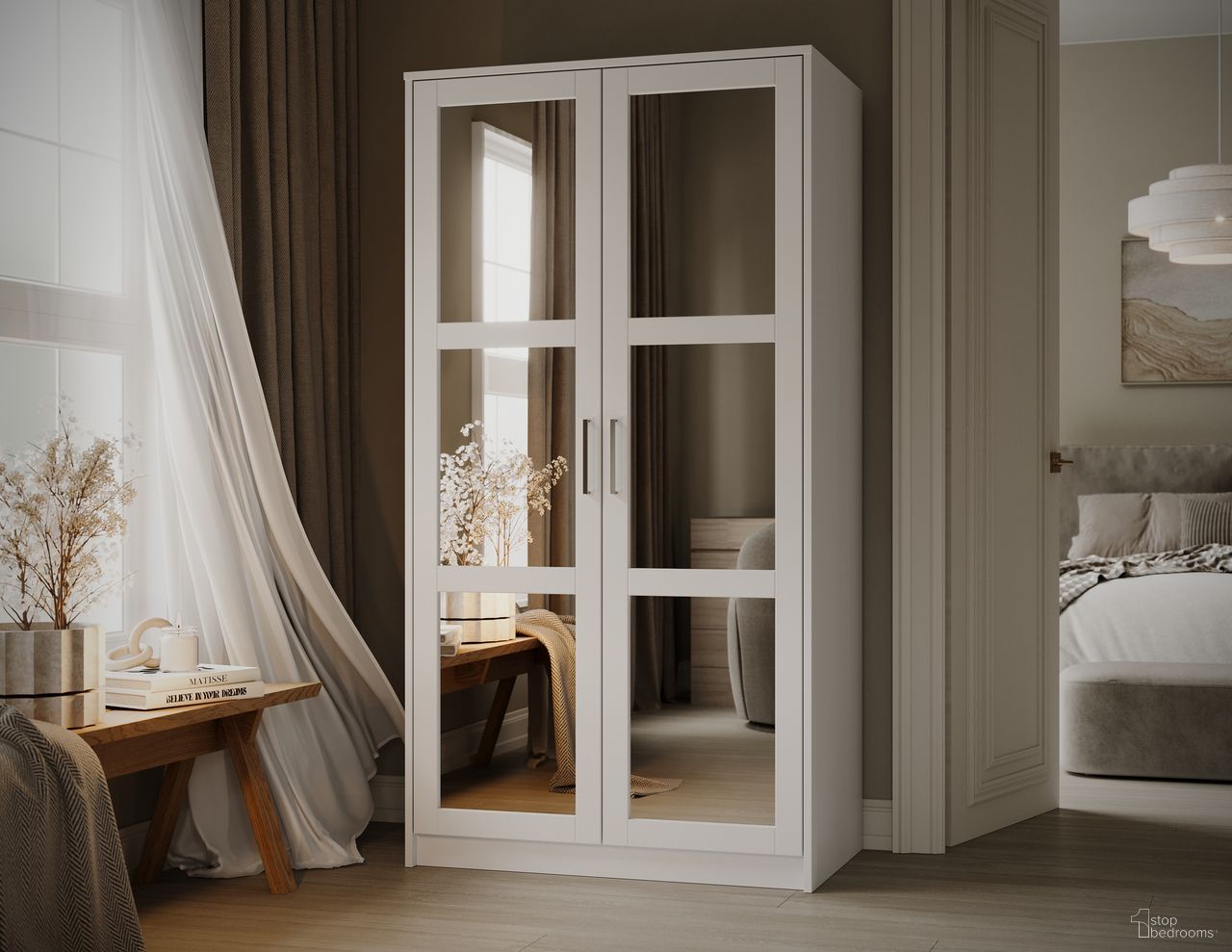 The appearance of Urban 2-Door Wardrobe Armoire with Mirrored Doors In White designed by Palace Imports in the modern / contemporary interior design. This white piece of furniture  was selected by 1StopBedrooms from Urban Collection to add a touch of cosiness and style into your home. Sku: 7121M. Material: Solid Pine Wood.