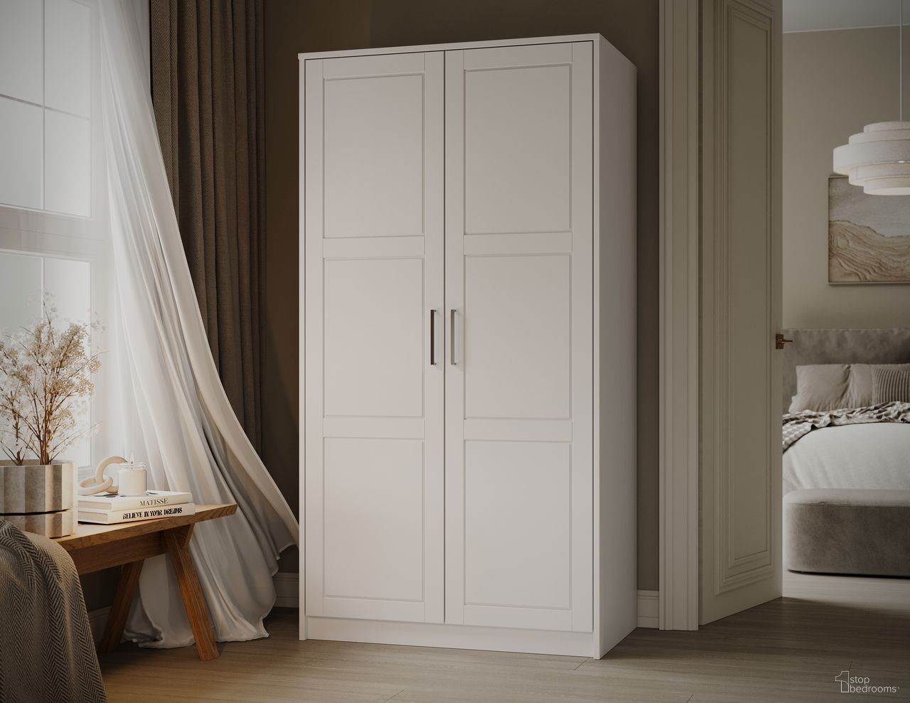 The appearance of Urban 2-Door Wardrobe Armoire with Raised Panel Doors In White designed by Palace Imports in the modern / contemporary interior design. This white piece of furniture  was selected by 1StopBedrooms from Urban Collection to add a touch of cosiness and style into your home. Sku: 7121D. Material: Solid Pine Wood.