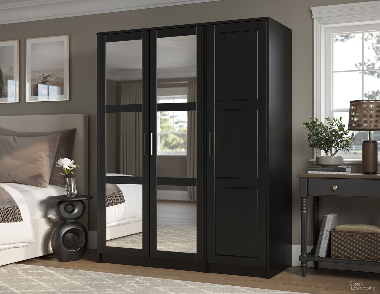 The appearance of Urban 3-Door Wardrobe Armoire with Mirrored Doors In Black designed by Palace Imports in the modern / contemporary interior design. This black piece of furniture was selected by 1StopBedrooms from Urban Collection to add a touch of cosiness and style into your home. Sku: 7137M. Material: Solid Pine Wood.