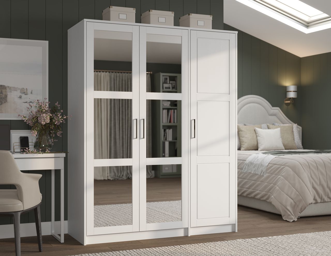 The appearance of Urban 3-Door Wardrobe Armoire with Mirrored Doors In White designed by Palace Imports in the modern / contemporary interior design. This white piece of furniture was selected by 1StopBedrooms from Urban Collection to add a touch of cosiness and style into your home. Sku: 7131M. Material: Solid Pine Wood.