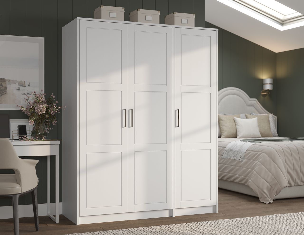 The appearance of Urban 3-Door Wardrobe Armoire with Raised Panel Doors In White designed by Palace Imports in the modern / contemporary interior design. This white piece of furniture  was selected by 1StopBedrooms from Urban Collection to add a touch of cosiness and style into your home. Sku: 7131D. Material: Solid Pine Wood.