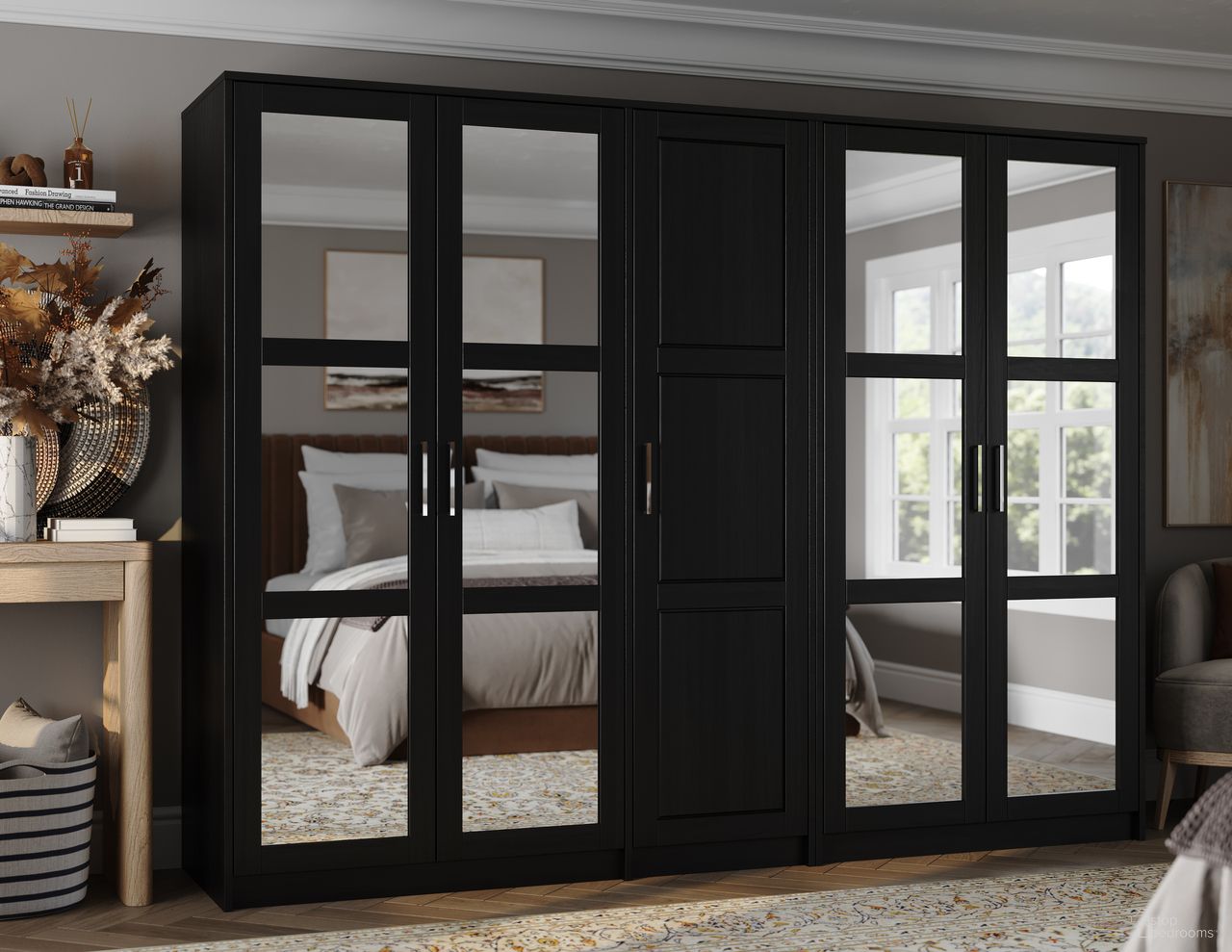 The appearance of Urban 5-Door Wardrobe with Mirrored Door In Black designed by Palace Imports in the modern / contemporary interior design. This black piece of furniture  was selected by 1StopBedrooms from Urban Collection to add a touch of cosiness and style into your home. Sku: 7267M. Material: Solid Pine Wood.