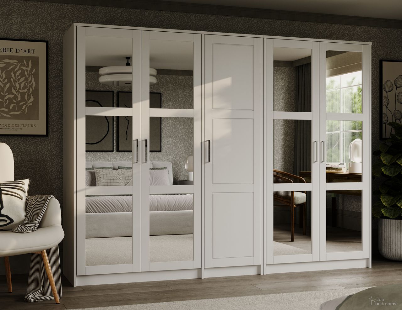 The appearance of Urban 5-Door Wardrobe with Mirrored Door In White designed by Palace Imports in the modern / contemporary interior design. This white piece of furniture  was selected by 1StopBedrooms from Urban Collection to add a touch of cosiness and style into your home. Sku: 7261M. Material: Solid Pine Wood.