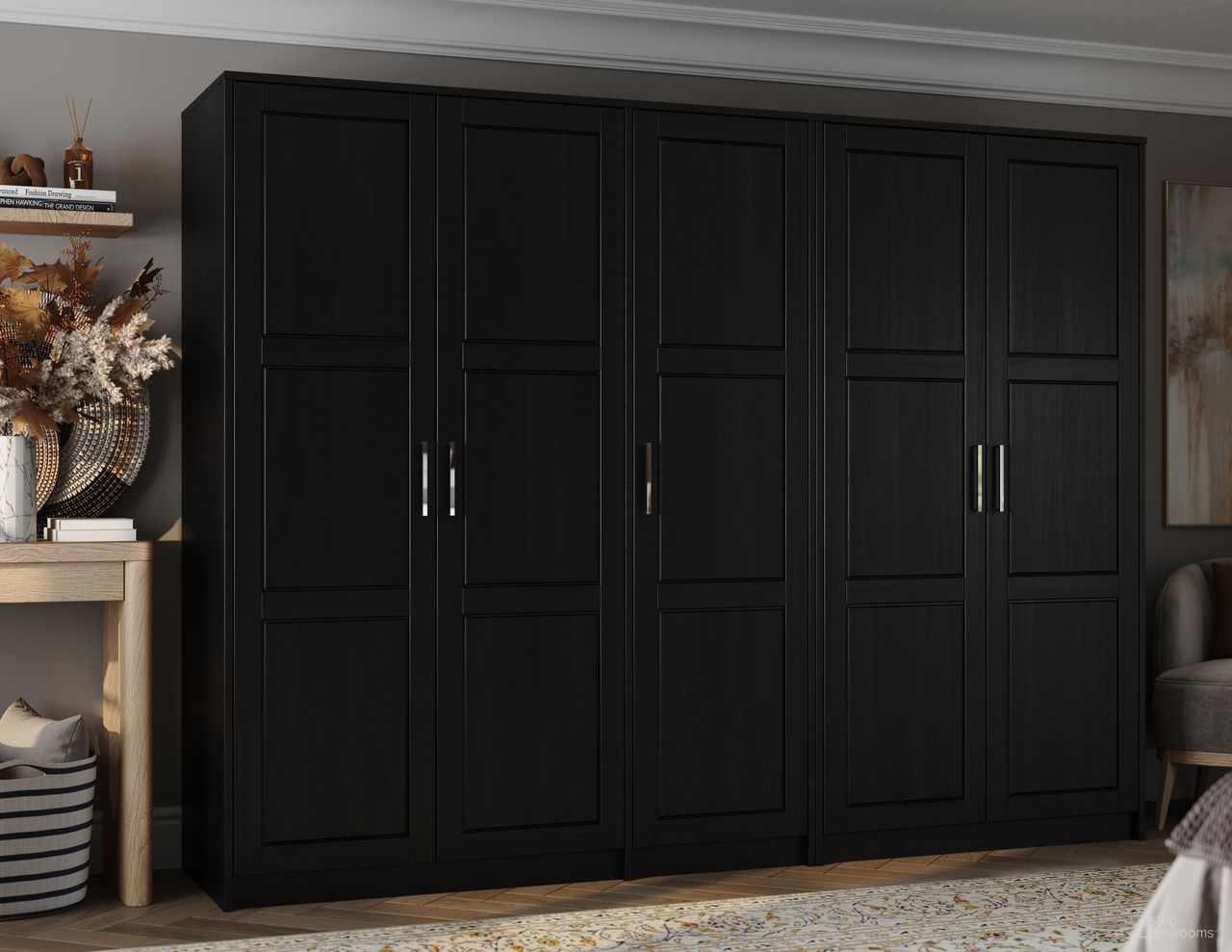 The appearance of Urban 5-Door Wardrobe with Raised Panel Doors In Black designed by Palace Imports in the modern / contemporary interior design. This black piece of furniture was selected by 1StopBedrooms from Urban Collection to add a touch of cosiness and style into your home. Sku: 7267D. Material: Solid Pine Wood.
