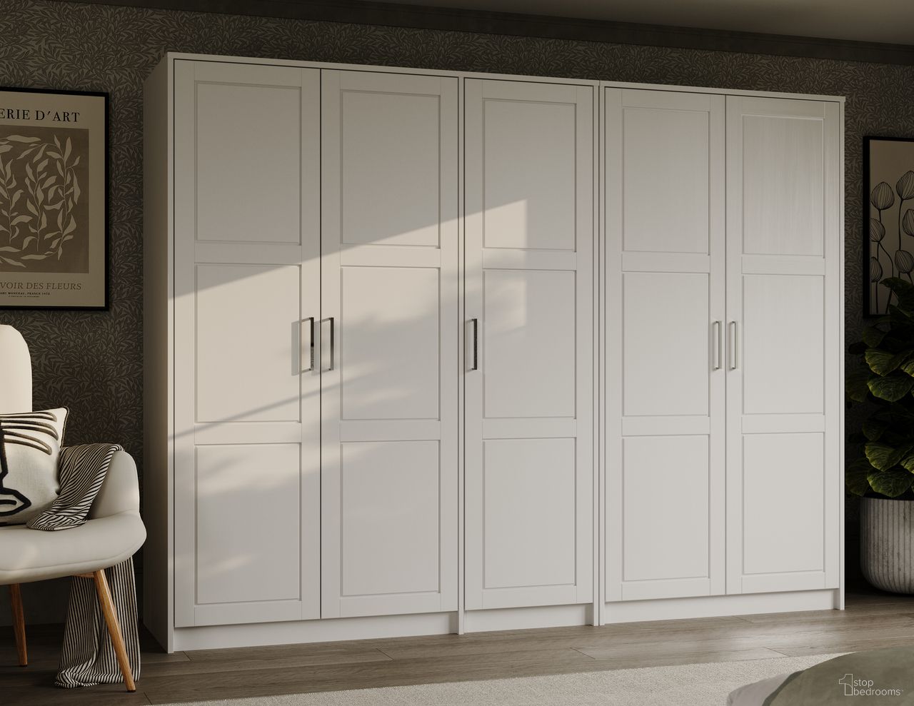 The appearance of Urban 5-Door Wardrobe with Raised Panel Doors In White designed by Palace Imports in the modern / contemporary interior design. This white piece of furniture  was selected by 1StopBedrooms from Urban Collection to add a touch of cosiness and style into your home. Sku: 7261D. Material: Solid Pine Wood.