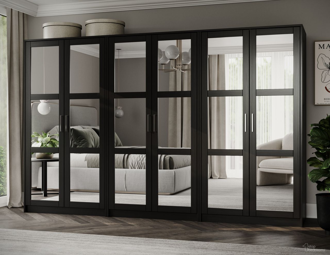 The appearance of Urban 6-Door Wardrobe with Mirrored Doors In Black designed by Palace Imports in the modern / contemporary interior design. This black piece of furniture was selected by 1StopBedrooms from Urban Collection to add a touch of cosiness and style into your home. Sku: 7237M. Material: Solid Pine Wood.
