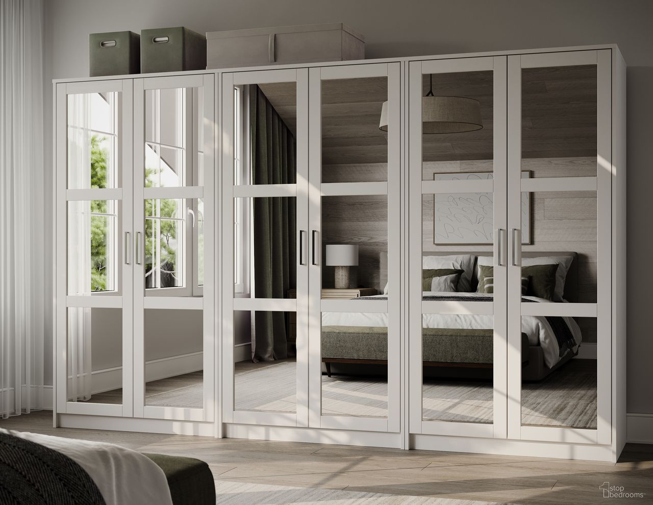 The appearance of Urban 6-Door Wardrobe with Mirrored Doors In White designed by Palace Imports in the modern / contemporary interior design. This white piece of furniture was selected by 1StopBedrooms from Urban Collection to add a touch of cosiness and style into your home. Sku: 7231M. Material: Solid Pine Wood.