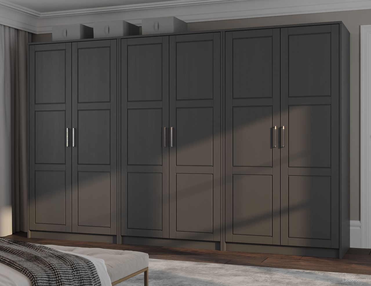 The appearance of Urban 6-Door Wardrobe with Raised Panel Doors In Gray designed by Palace Imports in the modern / contemporary interior design. This gray piece of furniture  was selected by 1StopBedrooms from Urban Collection to add a touch of cosiness and style into your home. Sku: 7235D. Material: Solid Pine Wood.