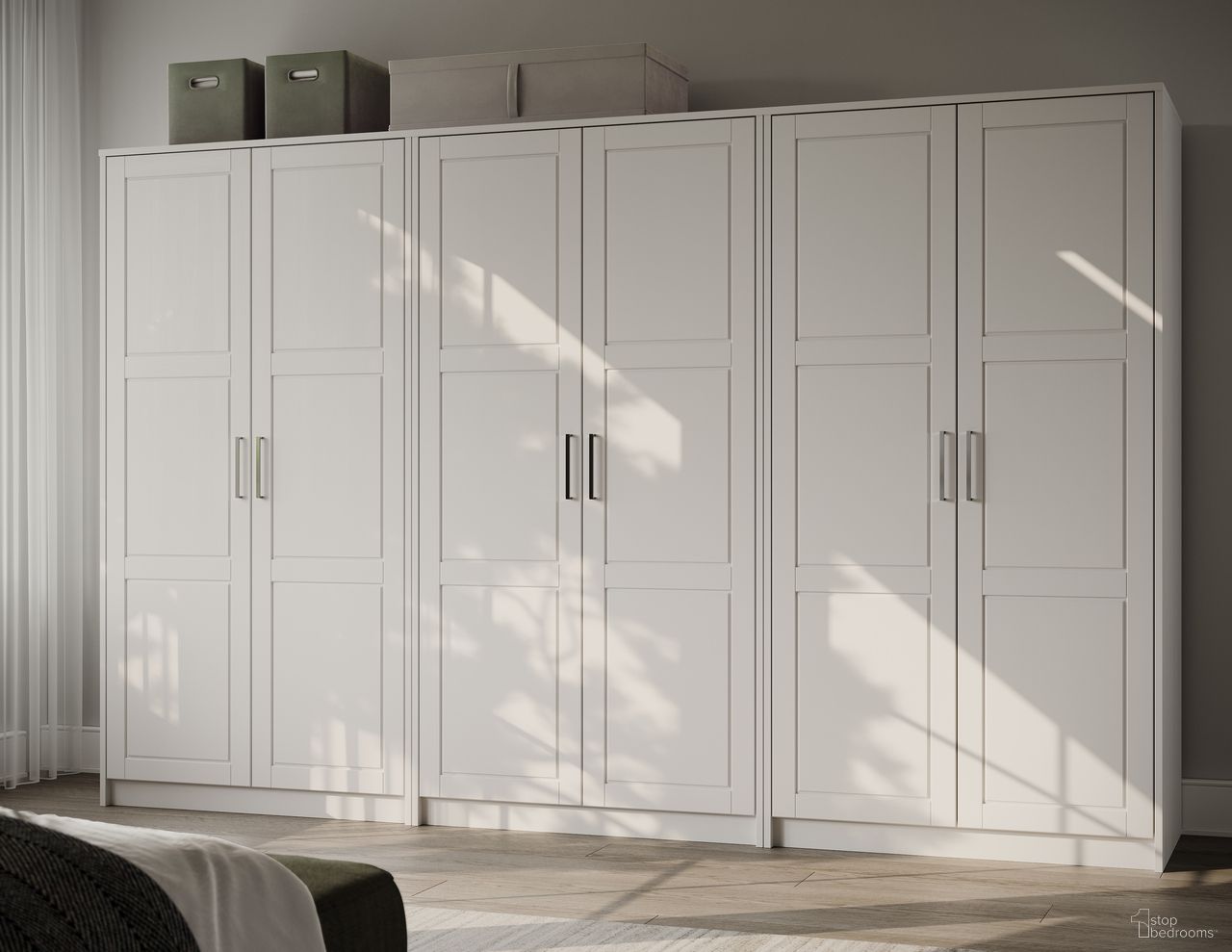The appearance of Urban 6-Door Wardrobe with Raised Panel Doors In White designed by Palace Imports in the modern / contemporary interior design. This white piece of furniture  was selected by 1StopBedrooms from Urban Collection to add a touch of cosiness and style into your home. Sku: 7231D. Material: Solid Pine Wood.