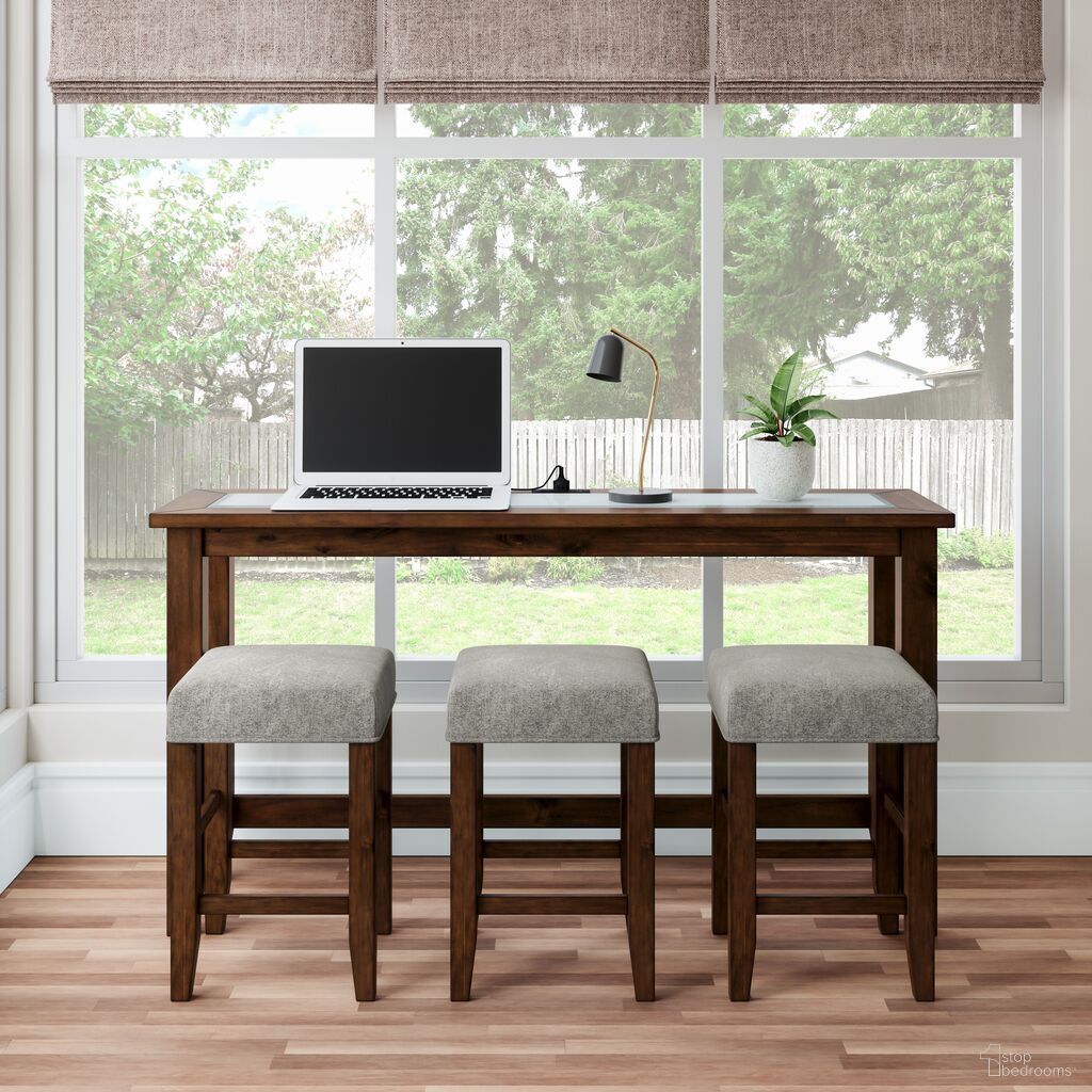 The appearance of Urban Icon 66 Inch 4 Piece Counter Height Dining Table Set with USB Charging In Merlot designed by Jofran in the modern / contemporary interior design. This merlot piece of furniture  was selected by 1StopBedrooms from Urban Icon Collection to add a touch of cosiness and style into your home. Sku: 2002-66. Material: Acacia.