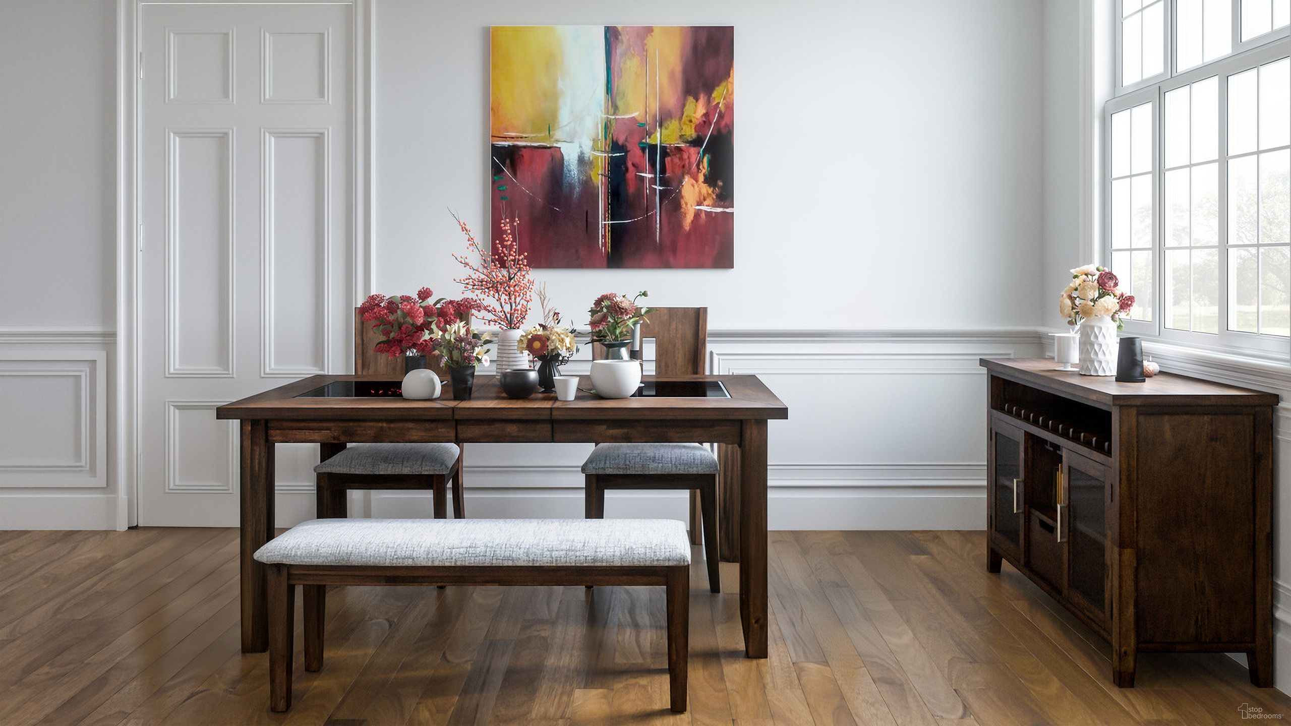The appearance of Urban Icon 66 Inch 4 Piece Dining Set with Upholstered Chairs and Bench In Merlot designed by Jofran in the modern / contemporary interior design. This merlot piece of furniture was selected by 1StopBedrooms from Urban Icon Collection to add a touch of cosiness and style into your home. Sku: 2005-390KD;2005-45KD;2005-66. Material: Acacia.