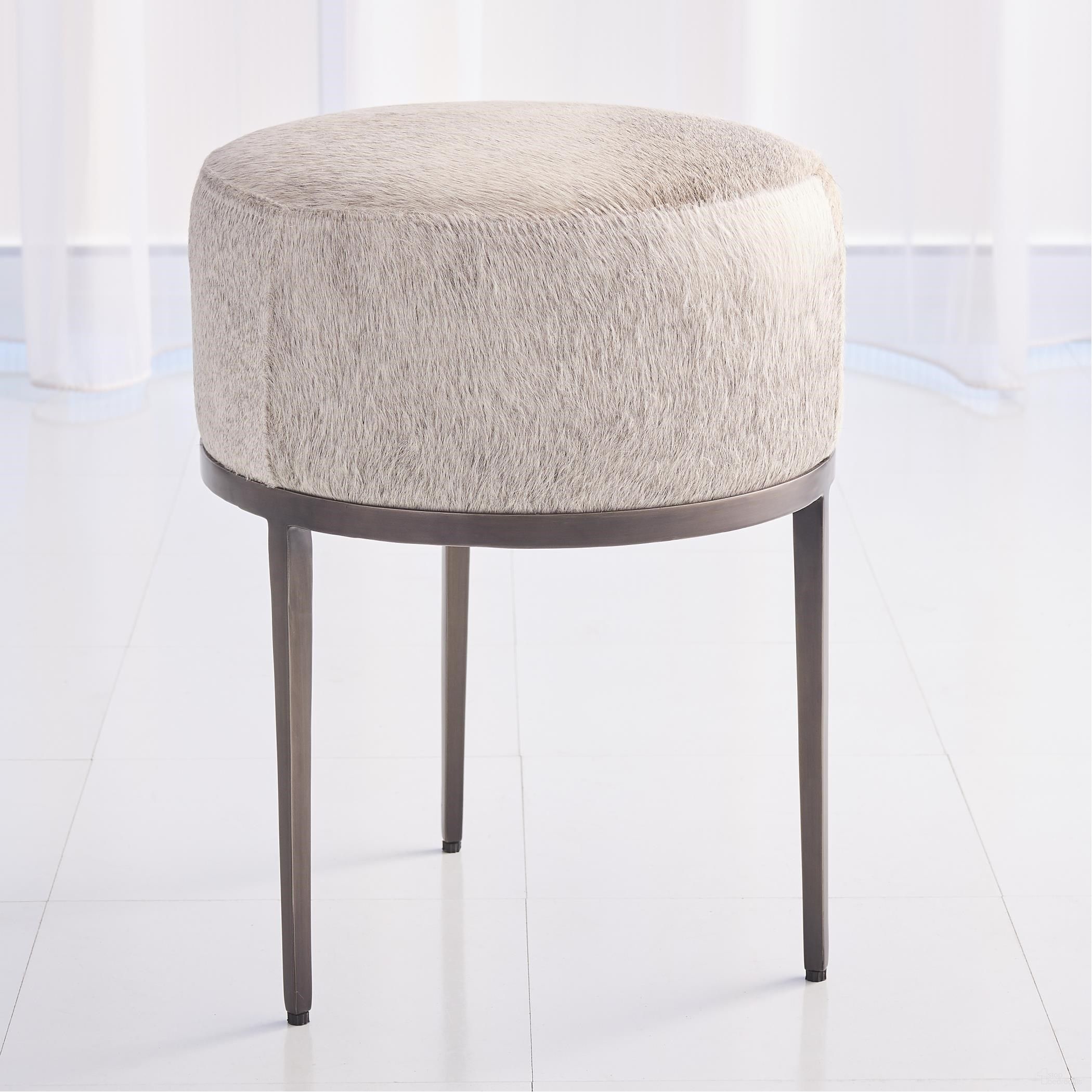 The appearance of Urban Stool With Grey Hair On Hide In Antique Gunmetal designed by Global Views in the modern / contemporary interior design. This gray piece of furniture  was selected by 1StopBedrooms from Urban Collection to add a touch of cosiness and style into your home. Sku: 791095. Material: Iron.
