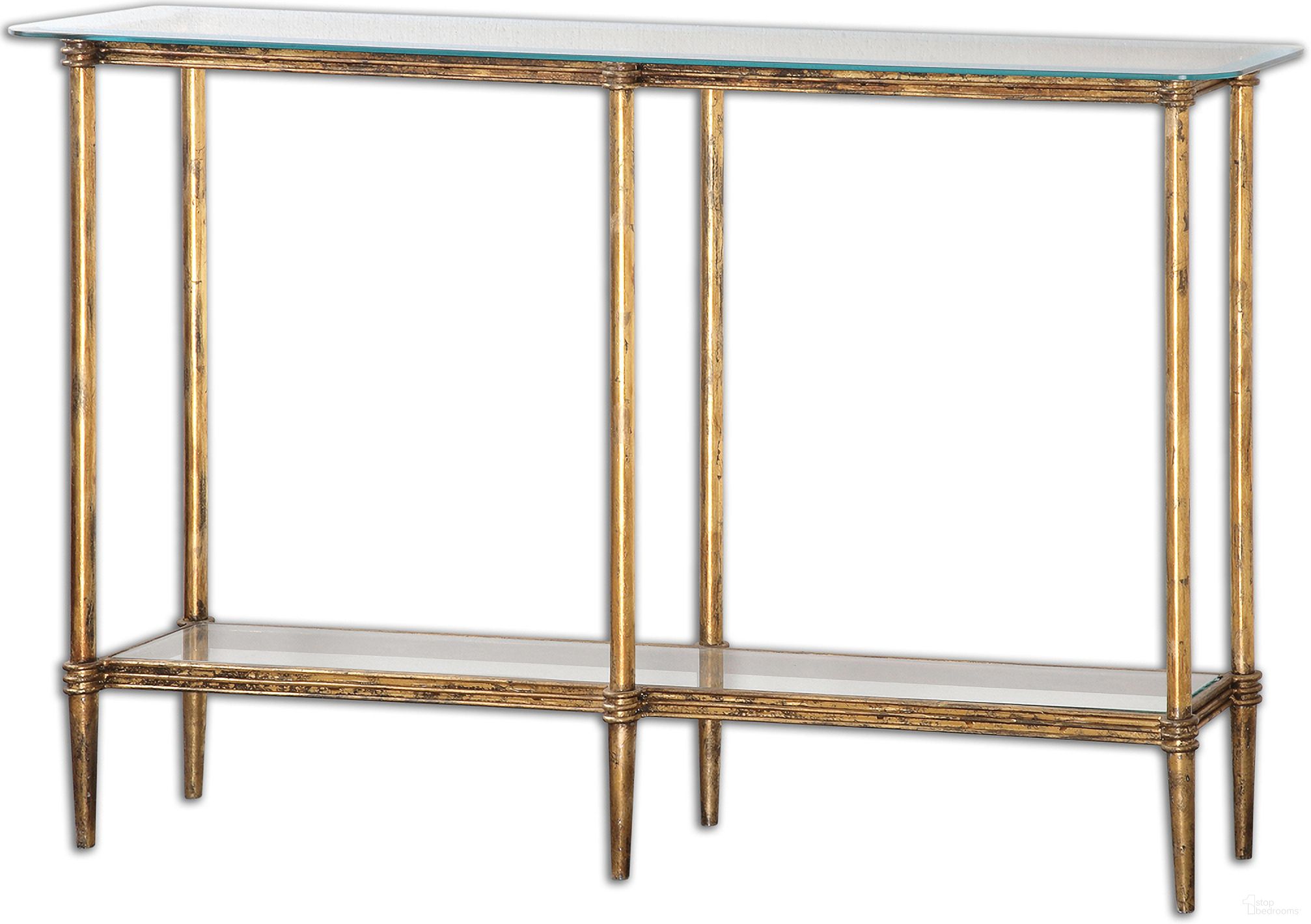 The appearance of Uttermost Elenio Glass Console Table designed by Uttermost in the traditional interior design. This gold piece of furniture was selected by 1StopBedrooms from Elenio Collection to add a touch of cosiness and style into your home. Sku: 24421. Material: Metal.