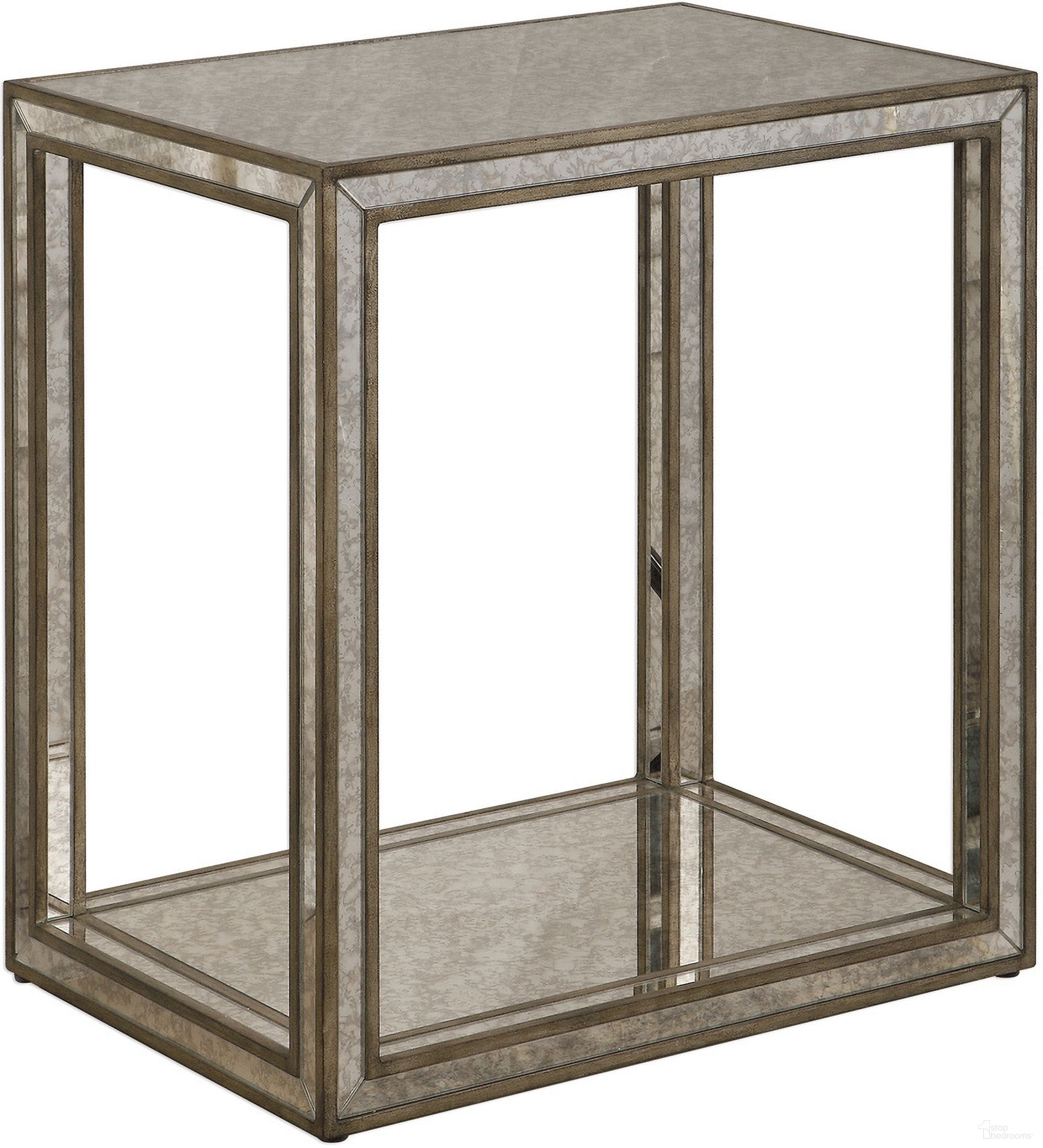 The appearance of Uttermost Julie Mirrored End Table designed by Uttermost in the modern / contemporary interior design. This silver piece of furniture  was selected by 1StopBedrooms from Julie Collection to add a touch of cosiness and style into your home. Sku: 24858. Material: MDF.
