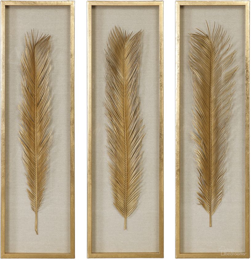 The appearance of Uttermost Palma Gold Leaf Shadow Box Set Of 3 designed by Uttermost in the modern / contemporary interior design. This gold piece of furniture was selected by 1StopBedrooms from Palma Collection to add a touch of cosiness and style into your home. Sku: 04176. Material: MDF.