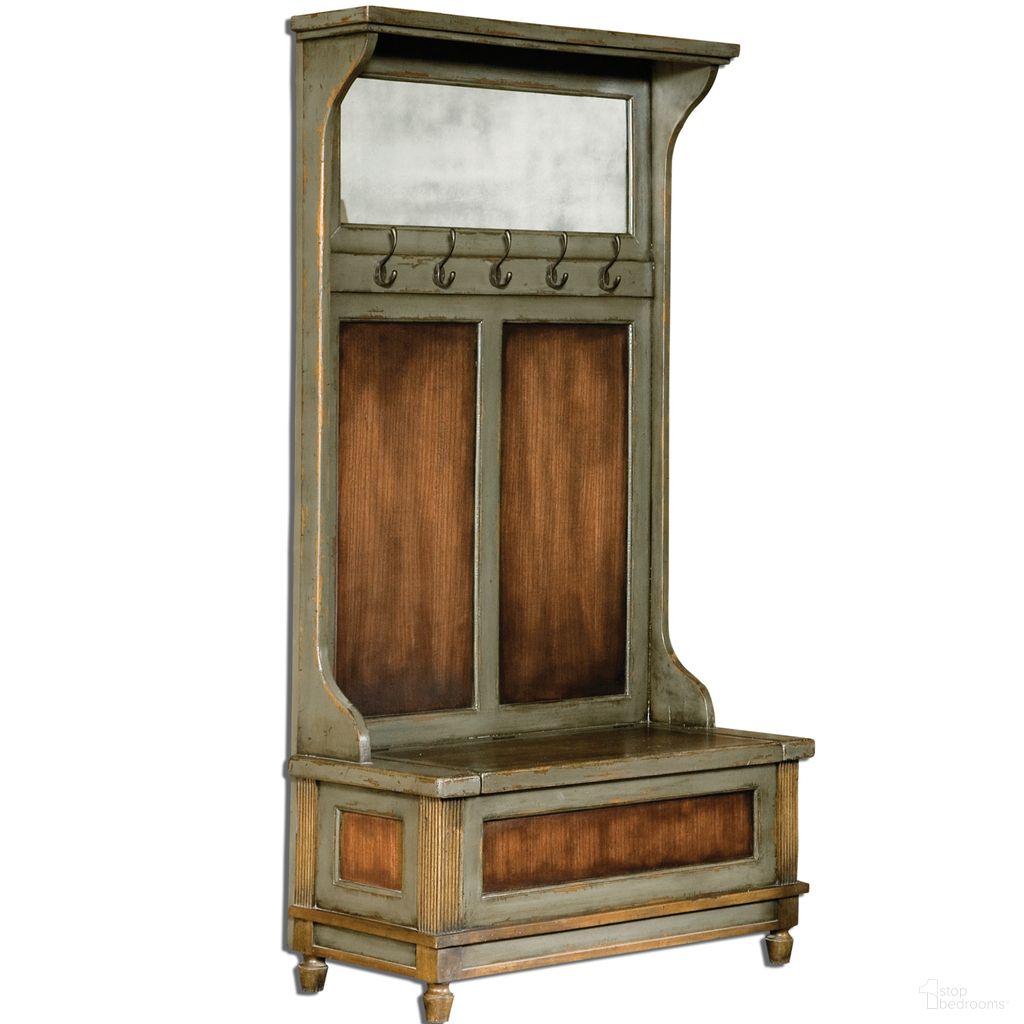 The appearance of Uttermost Riyo Distressed Hall Tree designed by Uttermost in the traditional interior design. This distressed piece of furniture was selected by 1StopBedrooms from Riyo Collection to add a touch of cosiness and style into your home. Sku: 25561. Material: MDF.