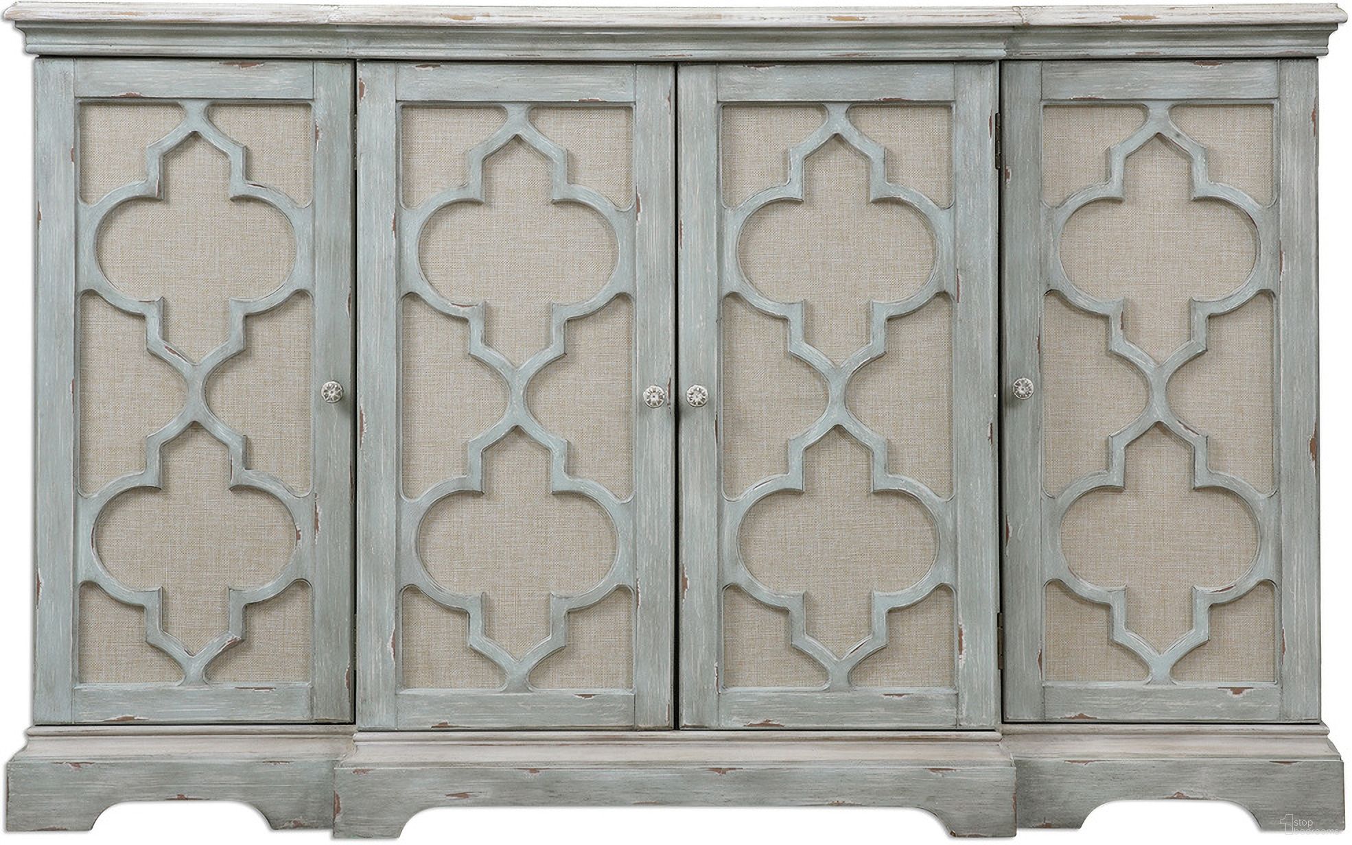 The appearance of Uttermost Sophie 4 Door Grey Cabinet designed by Uttermost in the transitional interior design. This gray piece of furniture  was selected by 1StopBedrooms from Sophie Collection to add a touch of cosiness and style into your home. Sku: 24520. Material: MDF.