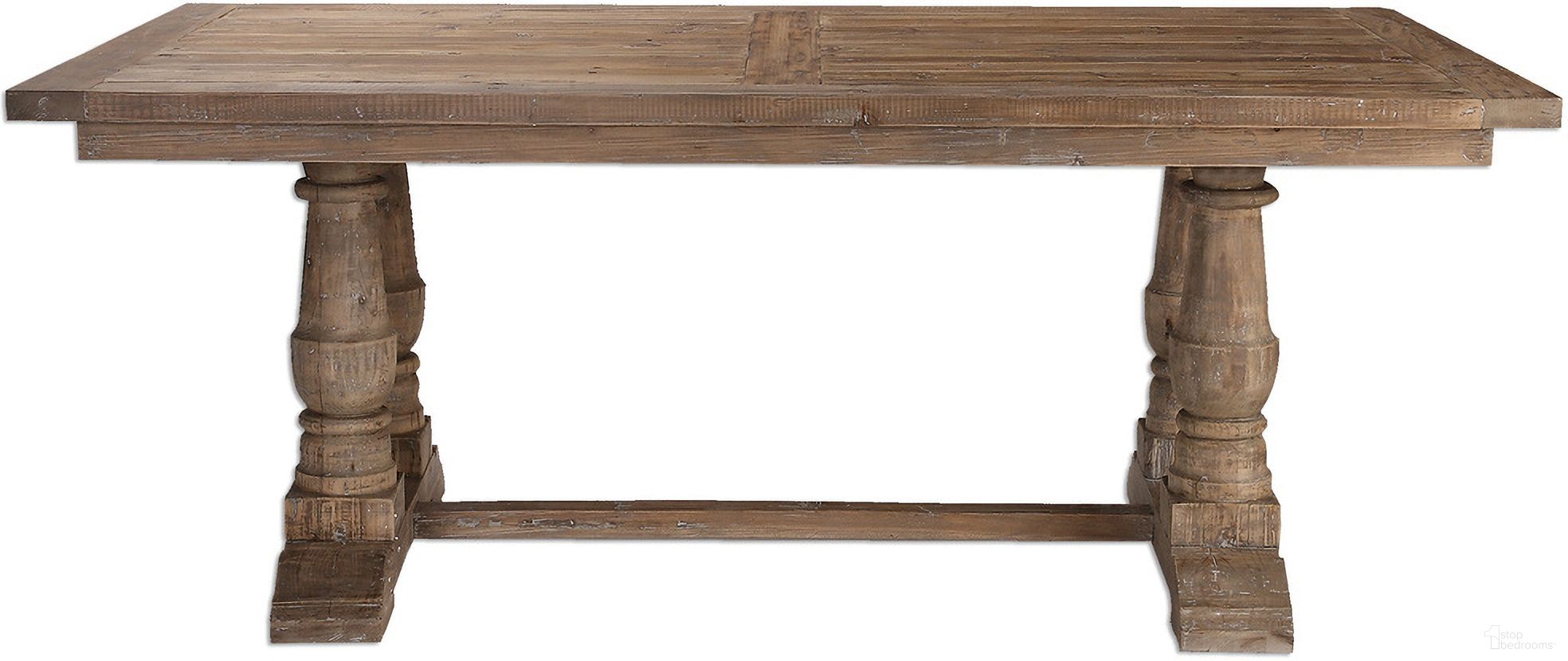 The appearance of Uttermost Stratford Salvaged Wood Dining Table designed by Uttermost in the transitional interior design. This wood piece of furniture  was selected by 1StopBedrooms from Stratford Collection to add a touch of cosiness and style into your home. Sku: 24557. Table Base Style: Trestle. Material: Wood. Table Top Shape: Rectangular. Size: 43" x 76".