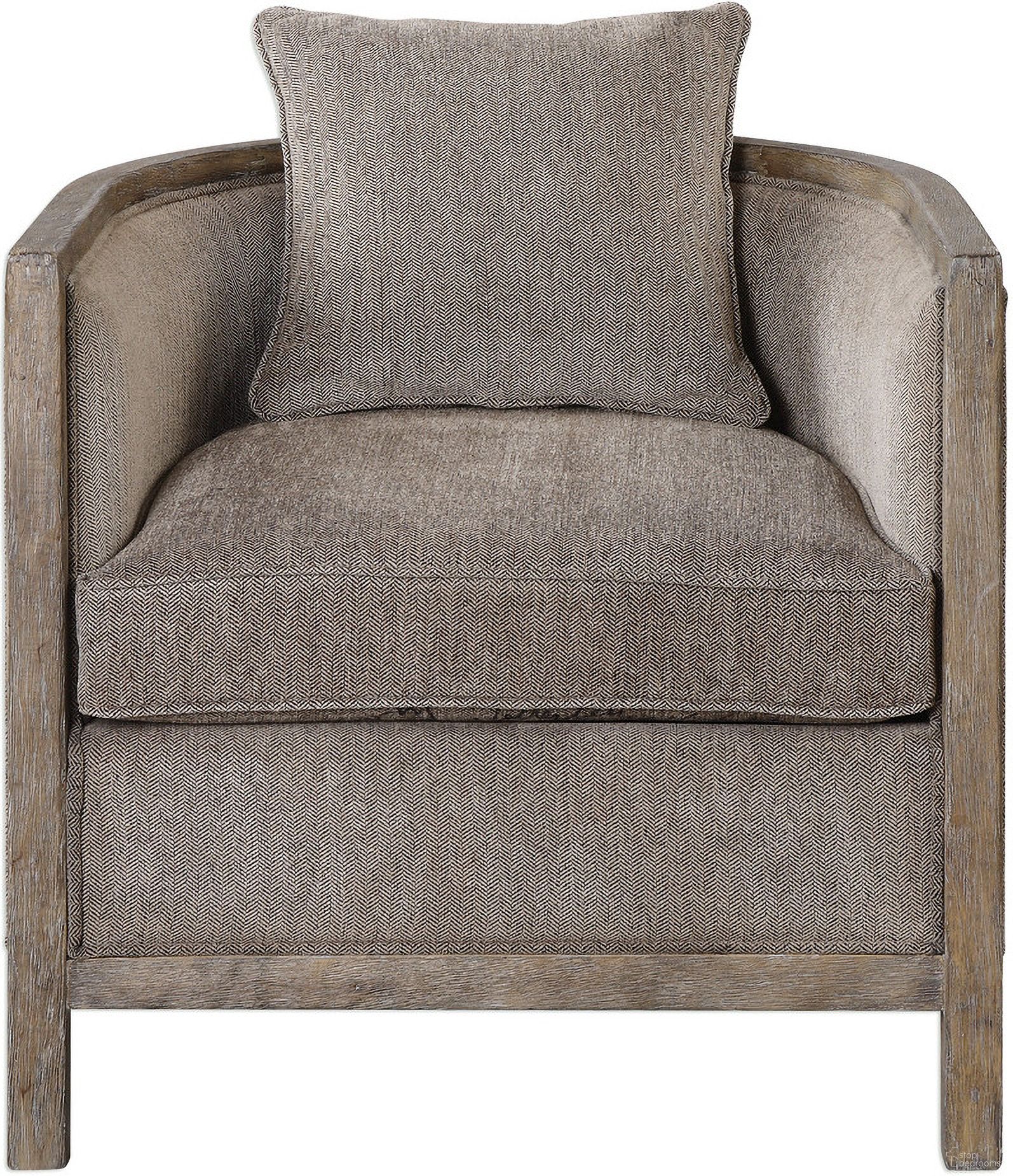 The appearance of Uttermost Viaggio Gray Chenille Accent Chair designed by Uttermost in the modern / contemporary interior design. This gray piece of furniture was selected by 1StopBedrooms from Viaggio Collection to add a touch of cosiness and style into your home. Sku: 23359. Material: Wood.