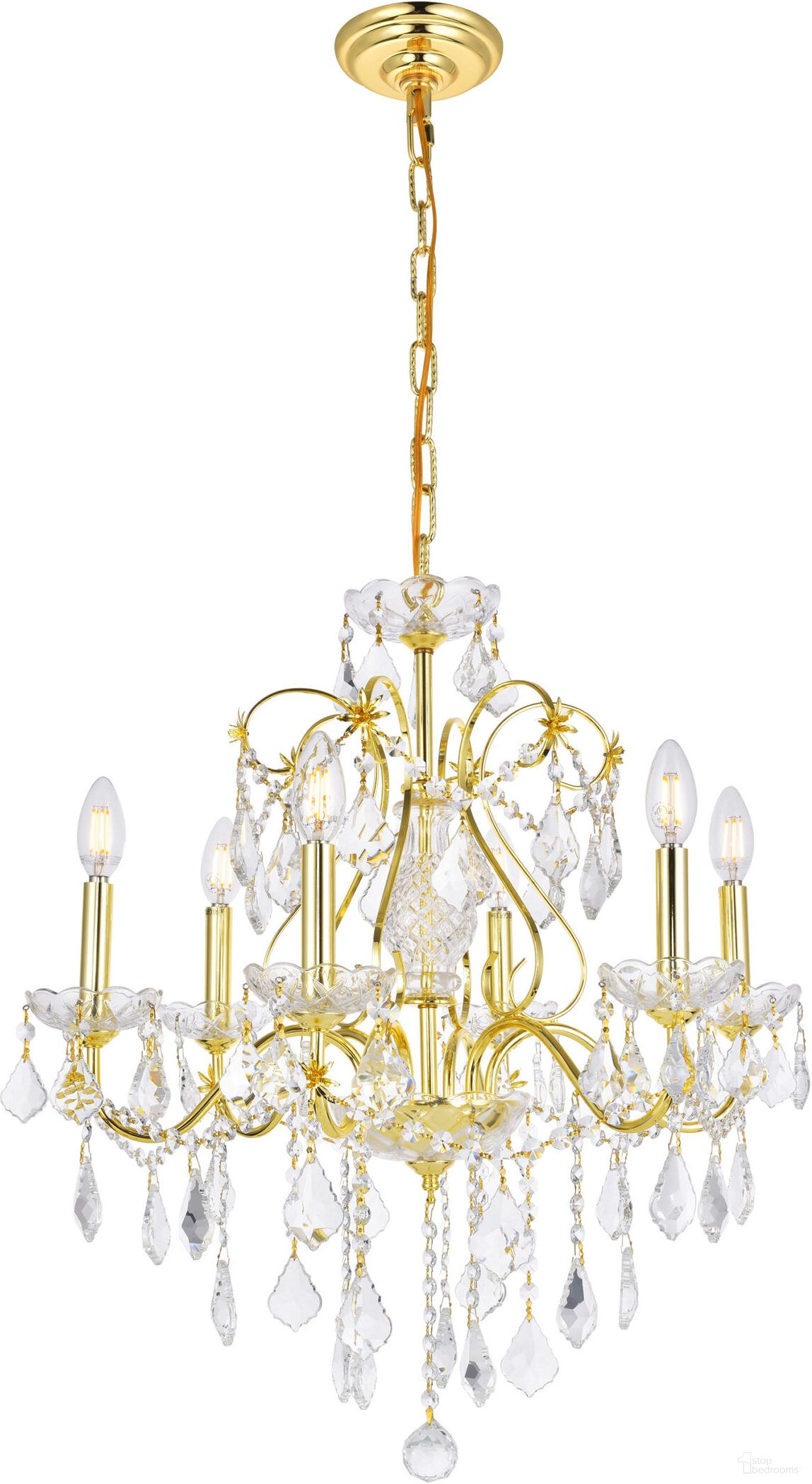 The appearance of V2015d24gRc St Francis 24" Gold 6 Light Chandelier With Clear Royal Cut Crystal Trim designed by Elegant Lighting in the modern / contemporary interior design. This gold piece of furniture was selected by 1StopBedrooms from St. Francis Collection to add a touch of cosiness and style into your home. Sku: V2015D24G/RC. Material: Steel.
