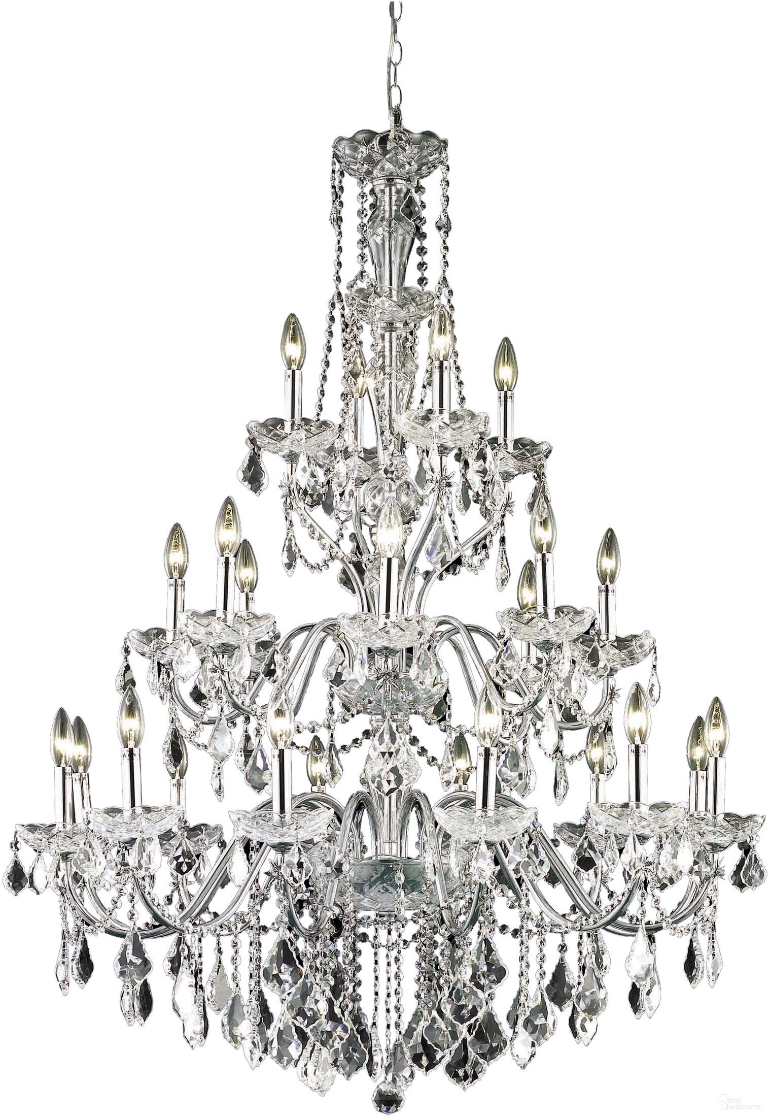 The appearance of V2015g36cRc St Francis 36" Chrome 24 Light Chandelier With Clear Royal Cut Crystal Trim designed by Elegant Lighting in the modern / contemporary interior design. This chrome piece of furniture  was selected by 1StopBedrooms from St. Francis Collection to add a touch of cosiness and style into your home. Sku: V2015G36C/RC. Material: Steel.