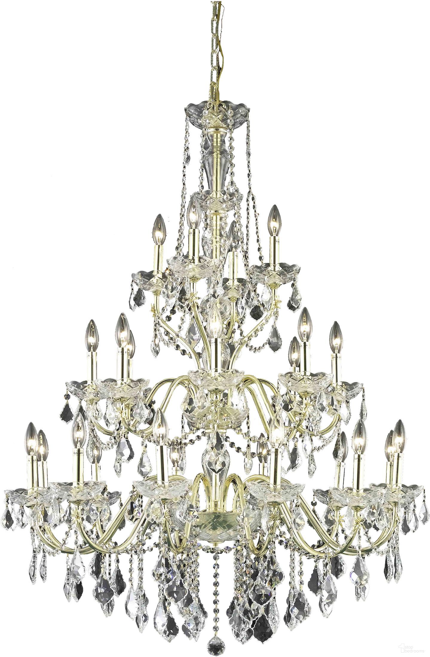 The appearance of V2015g36gRc St Francis 36" Gold 24 Light Chandelier With Clear Royal Cut Crystal Trim designed by Elegant Lighting in the modern / contemporary interior design. This gold piece of furniture was selected by 1StopBedrooms from St. Francis Collection to add a touch of cosiness and style into your home. Sku: V2015G36G/RC. Material: Steel.