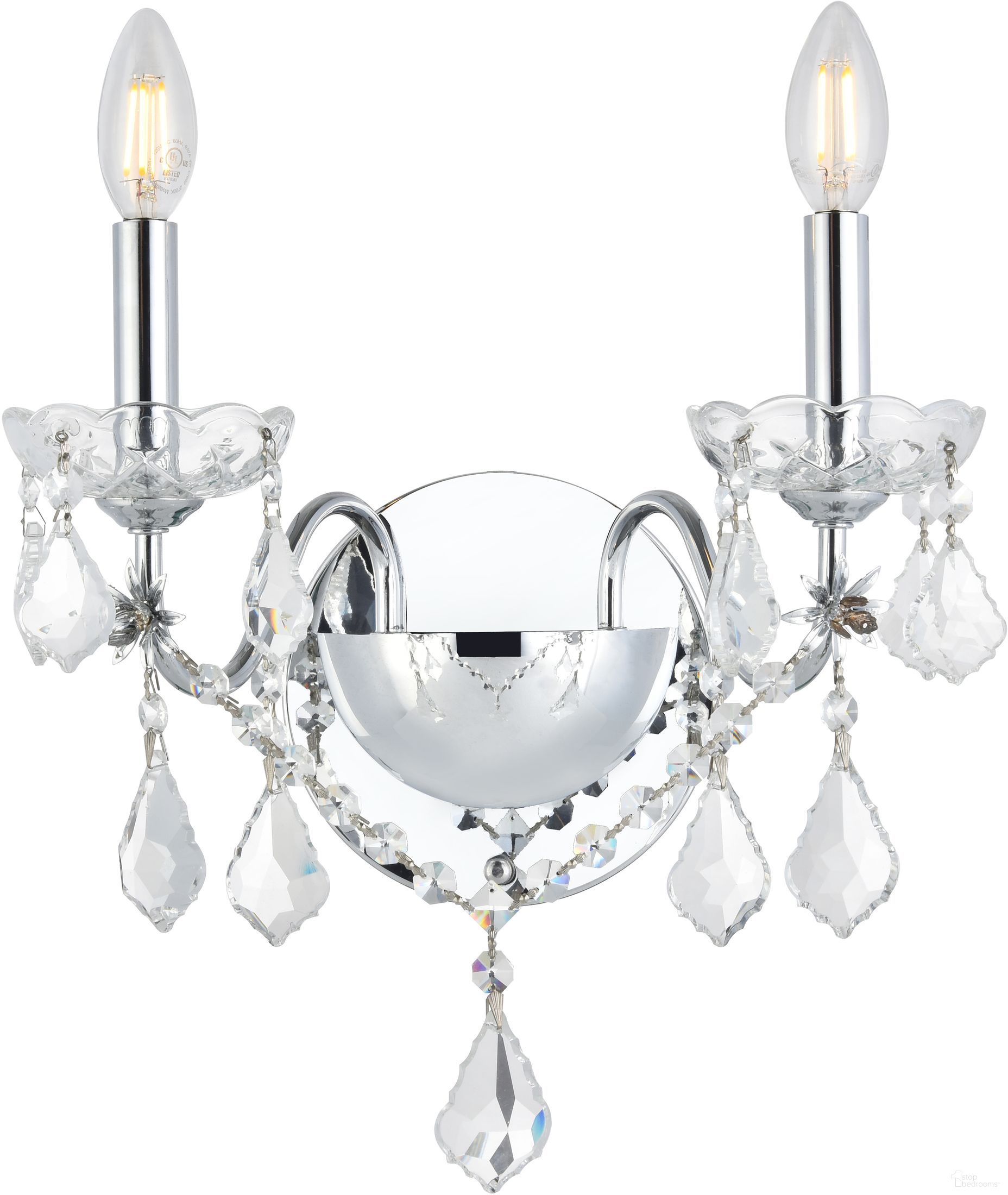 The appearance of St. Francis 13" Chrome 2 Light Wall Sconce With Clear Royal Cut Crystal Trim designed by Elegant Lighting in the modern / contemporary interior design. This chrome piece of furniture was selected by 1StopBedrooms from St. Francis Collection to add a touch of cosiness and style into your home. Sku: V2015W2C/RC. Material: Steel.