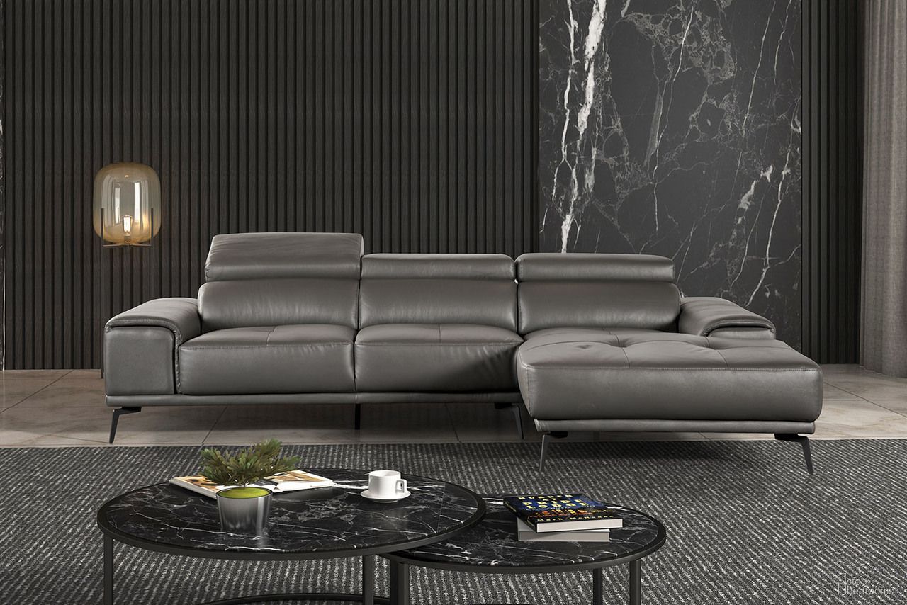 The appearance of Vadso Right Chaise Sectional In Dark Gray designed by Furniture of America in the modern / contemporary interior design. This dark gray piece of furniture was selected by 1StopBedrooms from Vadso Collection to add a touch of cosiness and style into your home. Sku: FM69005DG-LLV;FM69005DG-RCE. Material: Leather.