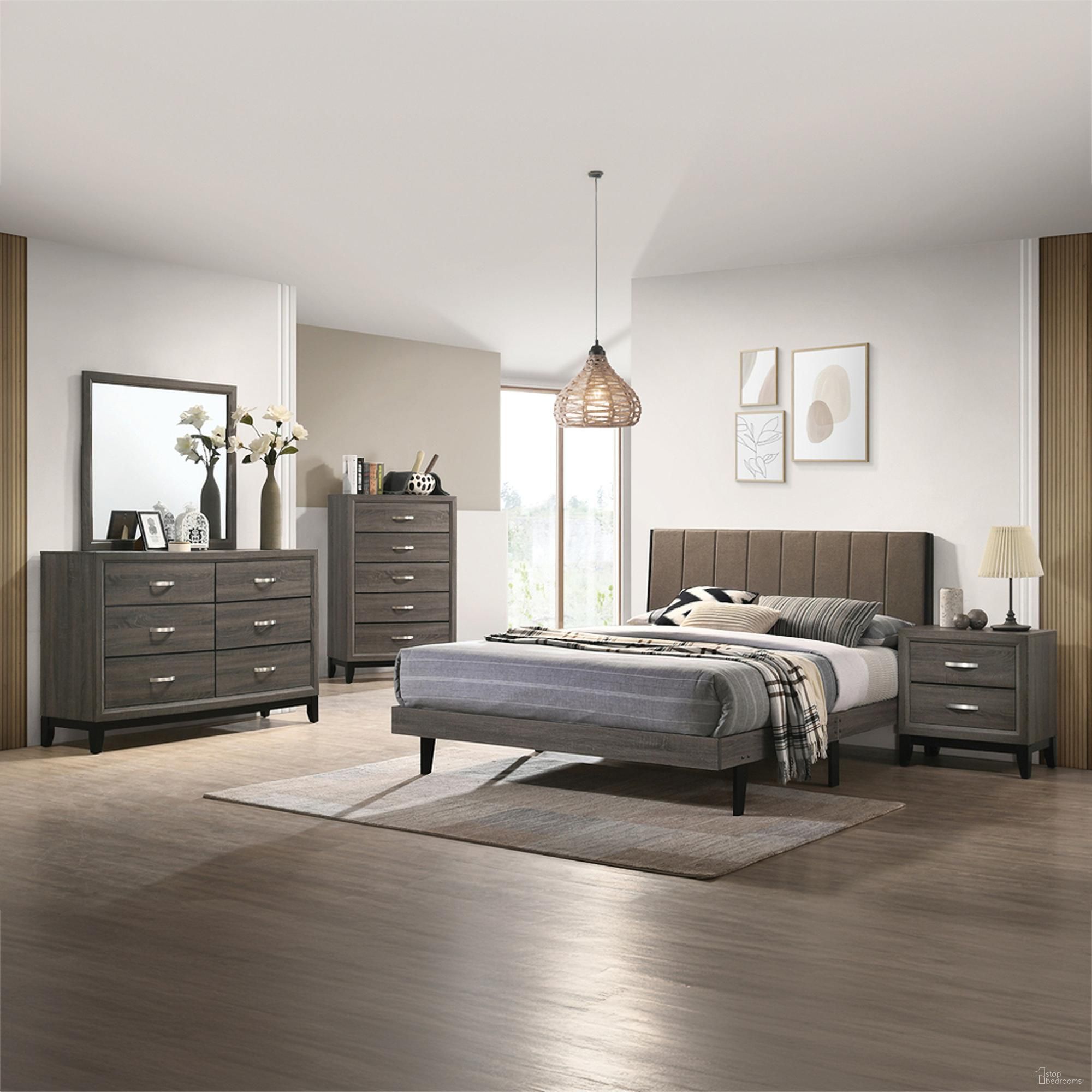Valdemar Bedroom Set In Brown Fabric And Weathered Gray Finish