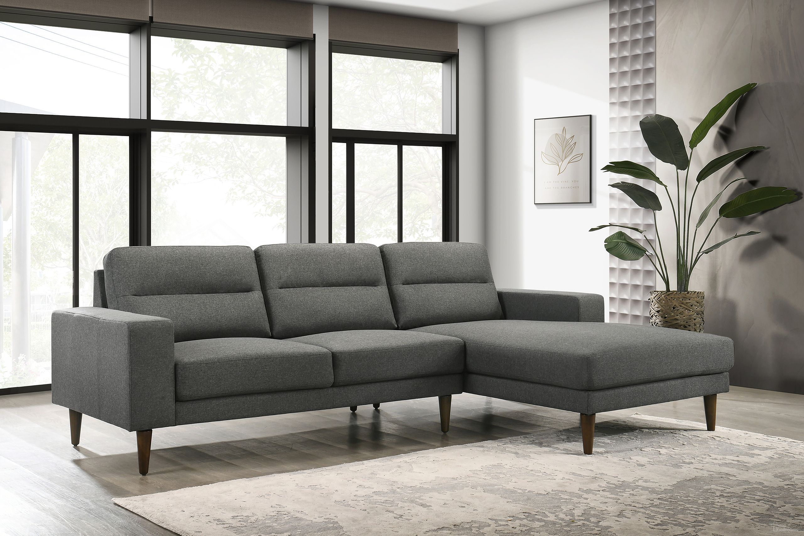 The appearance of Vale RAF Chaise Sectional In Gray designed by New Classic in the transitional interior design. This gray piece of furniture was selected by 1StopBedrooms from Vale Collection to add a touch of cosiness and style into your home. Sku: U2590-17R-GRY;U2590-20L-GRY. Material: Polyester.