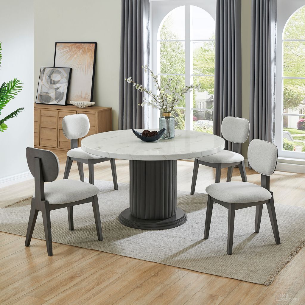 The appearance of Valencia 5-Piece 54 Inch Round Faux Marble Dining Set In White and Gray designed by Lilola Home in the modern / contemporary interior design. This white and gray piece of furniture was selected by 1StopBedrooms from Valencia Collection to add a touch of cosiness and style into your home. Sku: 30070-TOP;30070-BASE;30069;30069. Material: Wood.