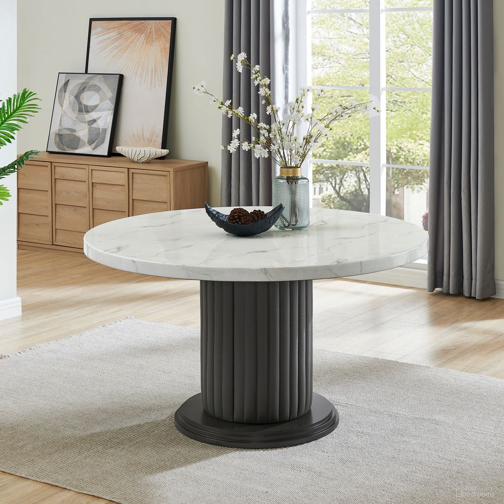 The appearance of Valencia 54 Inch Round Faux Marble Dining Table In White and Gray designed by Lilola Home in the modern / contemporary interior design. This white and gray piece of furniture was selected by 1StopBedrooms from Valencia Collection to add a touch of cosiness and style into your home. Sku: 30070-TOP;30070-BASE. Table Base Style: Pedestal. Table Top Shape: Round. Material: Wood. Size: 54".