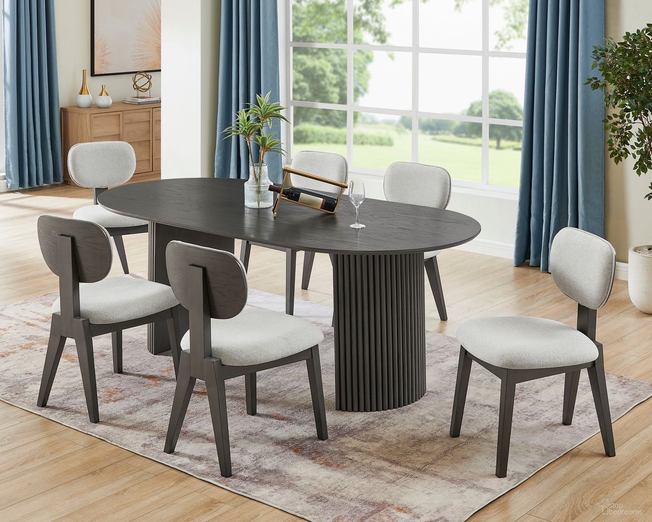 The appearance of Valencia 7-Piece 80 Inch Oval Dining Set with Dual Pedestal Base and Light Gray Fabric Upholstered Chairs designed by Lilola Home in the modern / contemporary interior design. This gray piece of furniture  was selected by 1StopBedrooms from Valencia Collection to add a touch of cosiness and style into your home. Sku: 30068-TOP;30068-BASE;30069;30069;30069. Material: Wood.